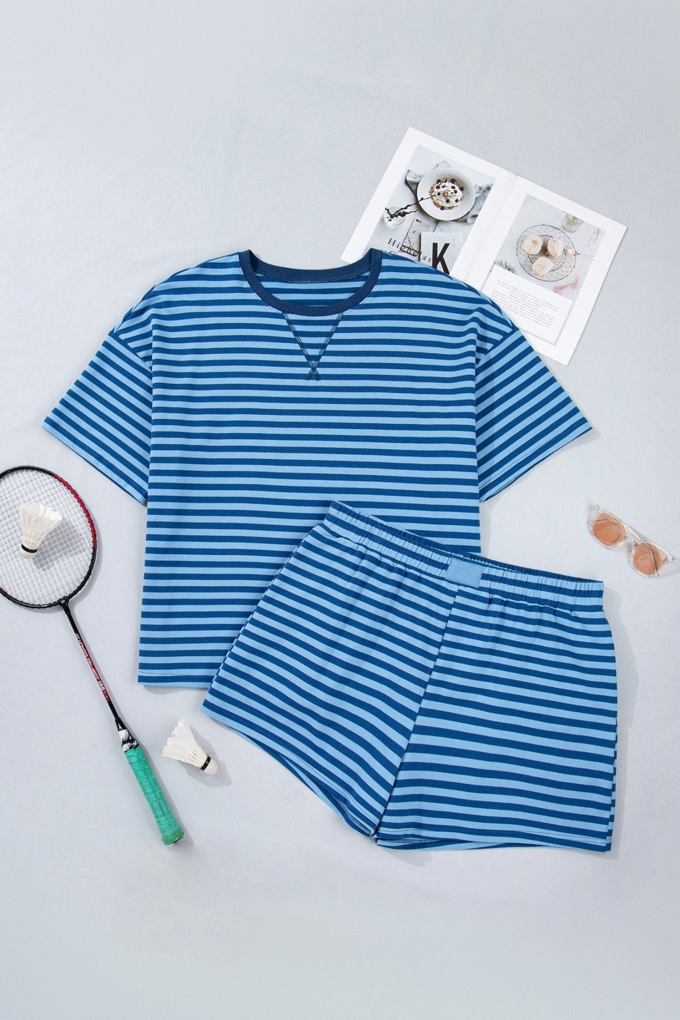 Plus Size Stripe Dropped Shoulder Tee & Shorts Set - Rooted & Reckless Co.