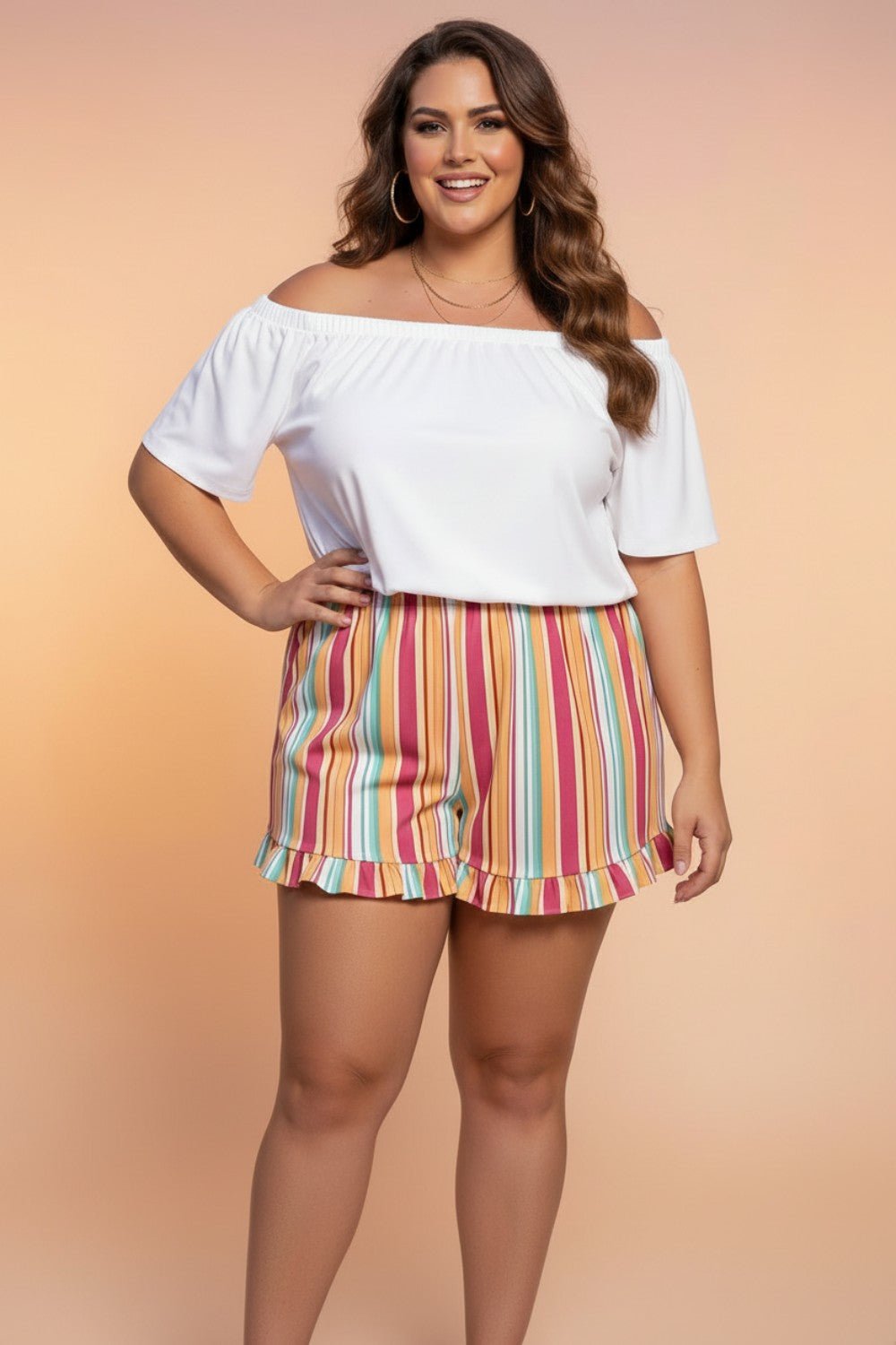 Plus Size Stripe Elastic Waist Ruffle Hem Shorts - Rooted & Reckless Co.