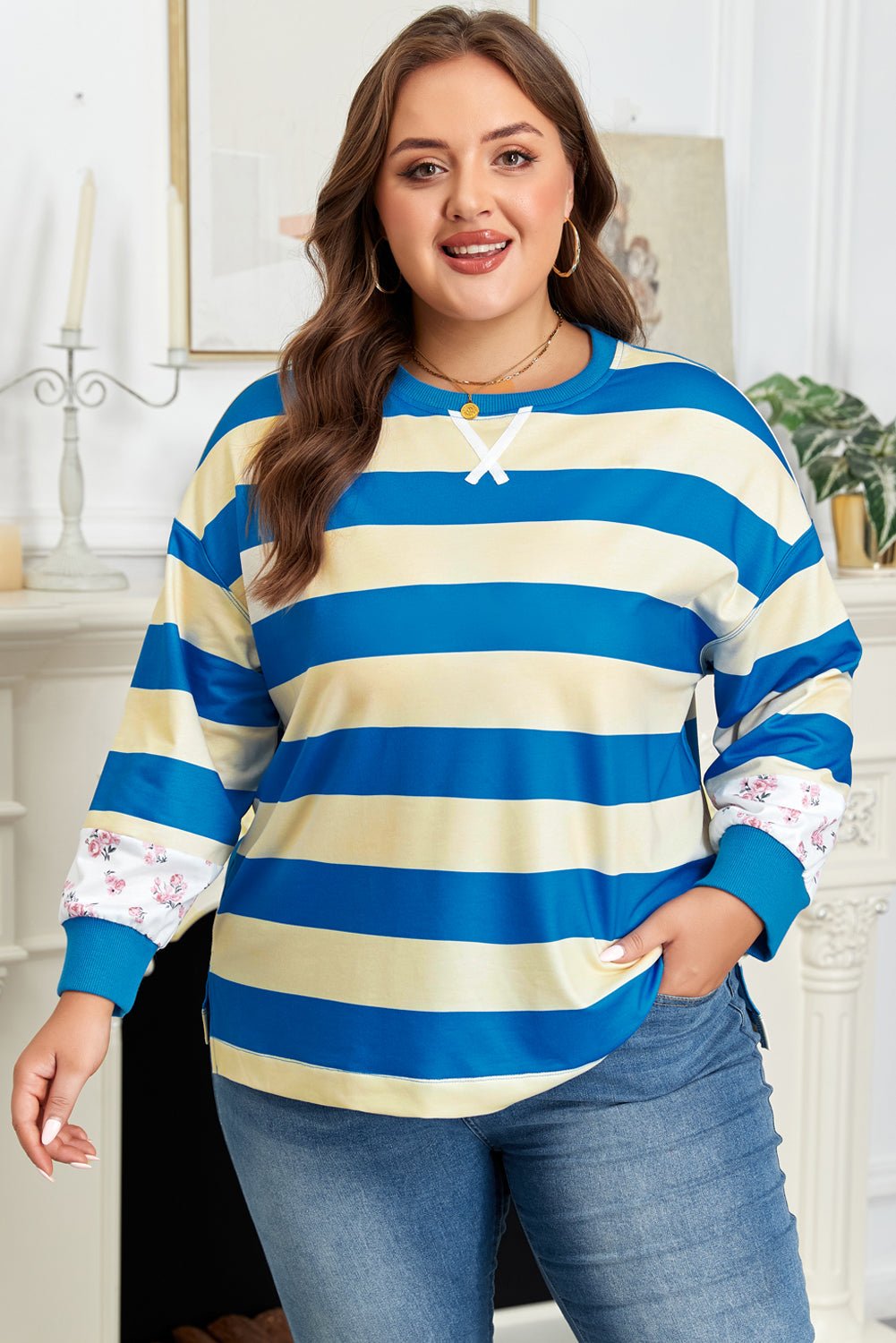 Plus Size Stripe Floral Colorblock Drop Shoulder Top - Rooted & Reckless Co.