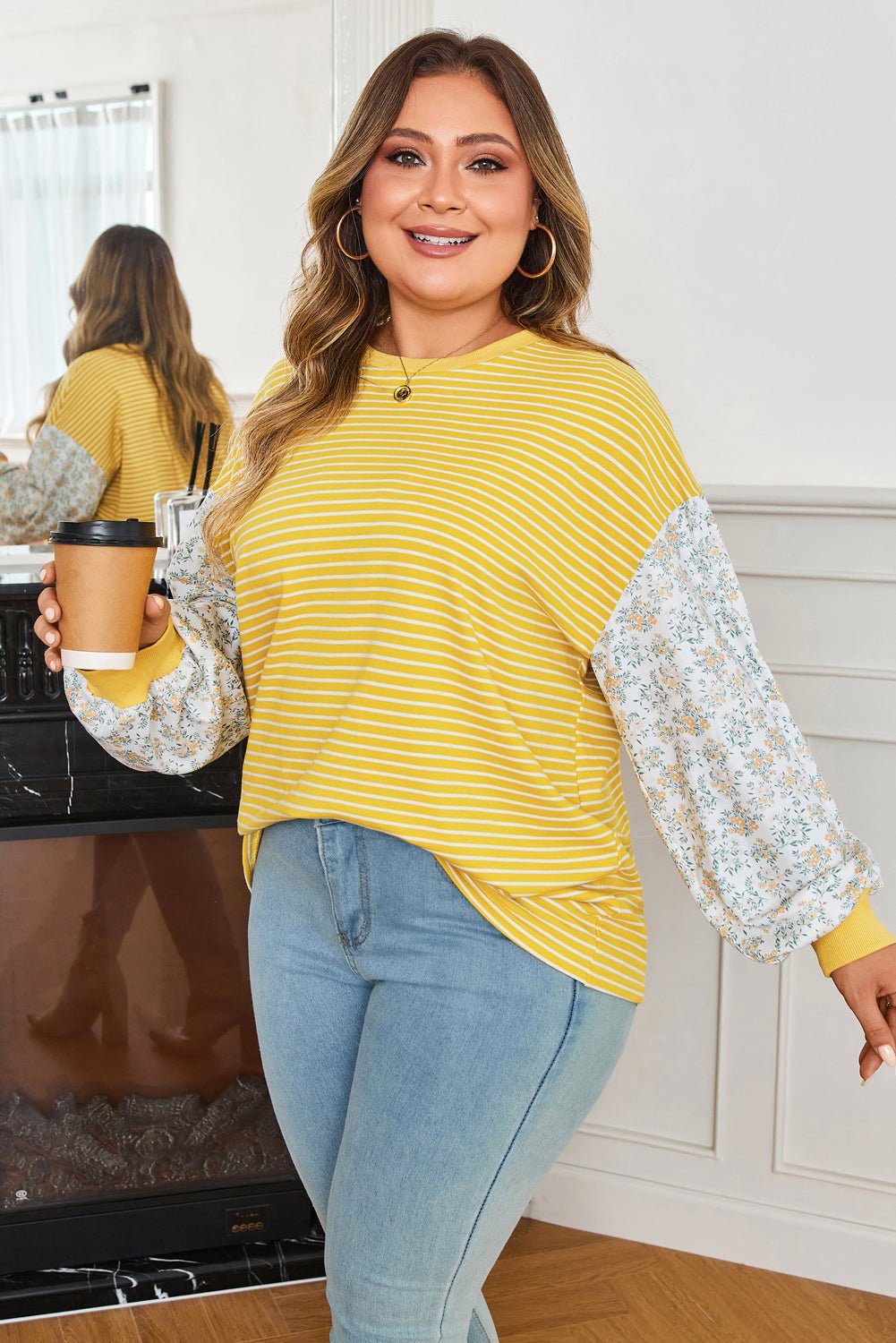 Plus Size Stripe Floral Patchwork Long Sleeve Top - Rooted & Reckless Co.