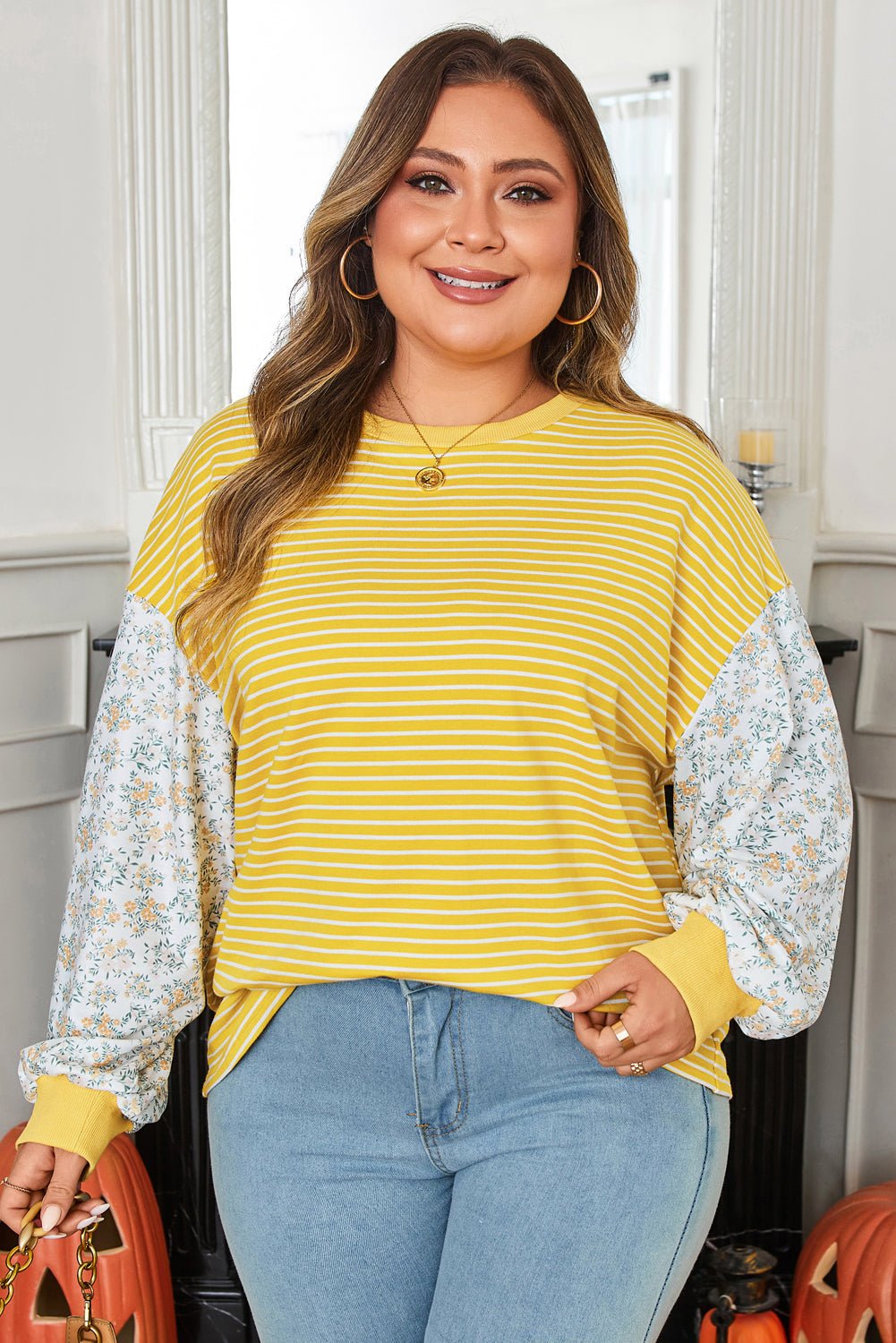 Plus Size Stripe Floral Patchwork Long Sleeve Top - Rooted & Reckless Co.