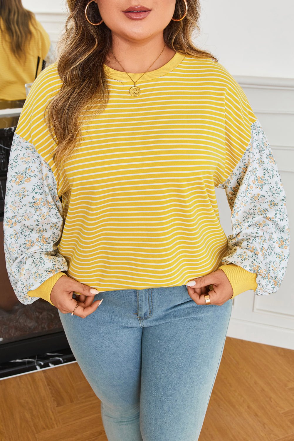 Plus Size Stripe Floral Patchwork Long Sleeve Top - Rooted & Reckless Co.