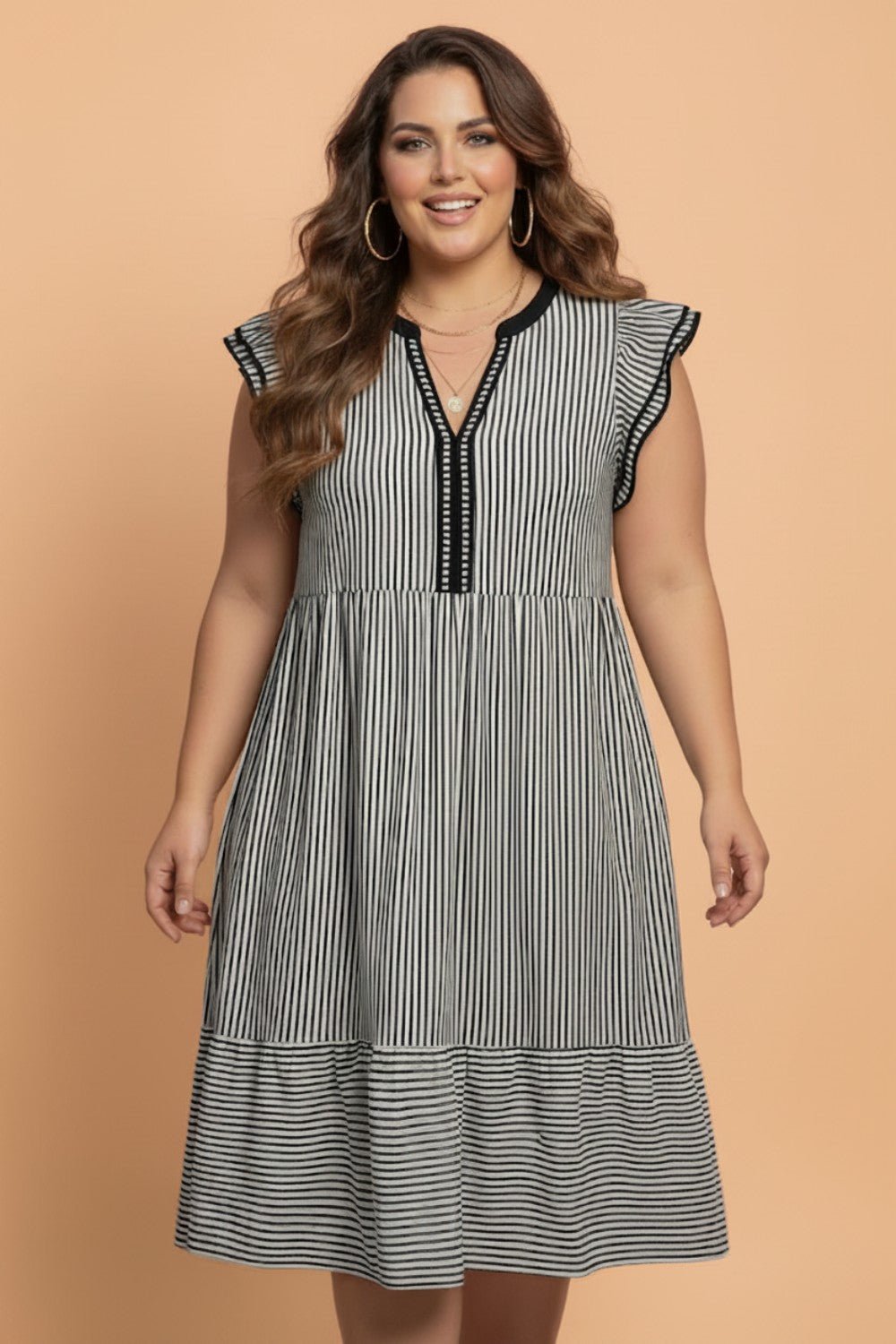 Plus Size Stripe Flutter Sleeve V-Neck Maxi Dress - Rooted & Reckless Co.