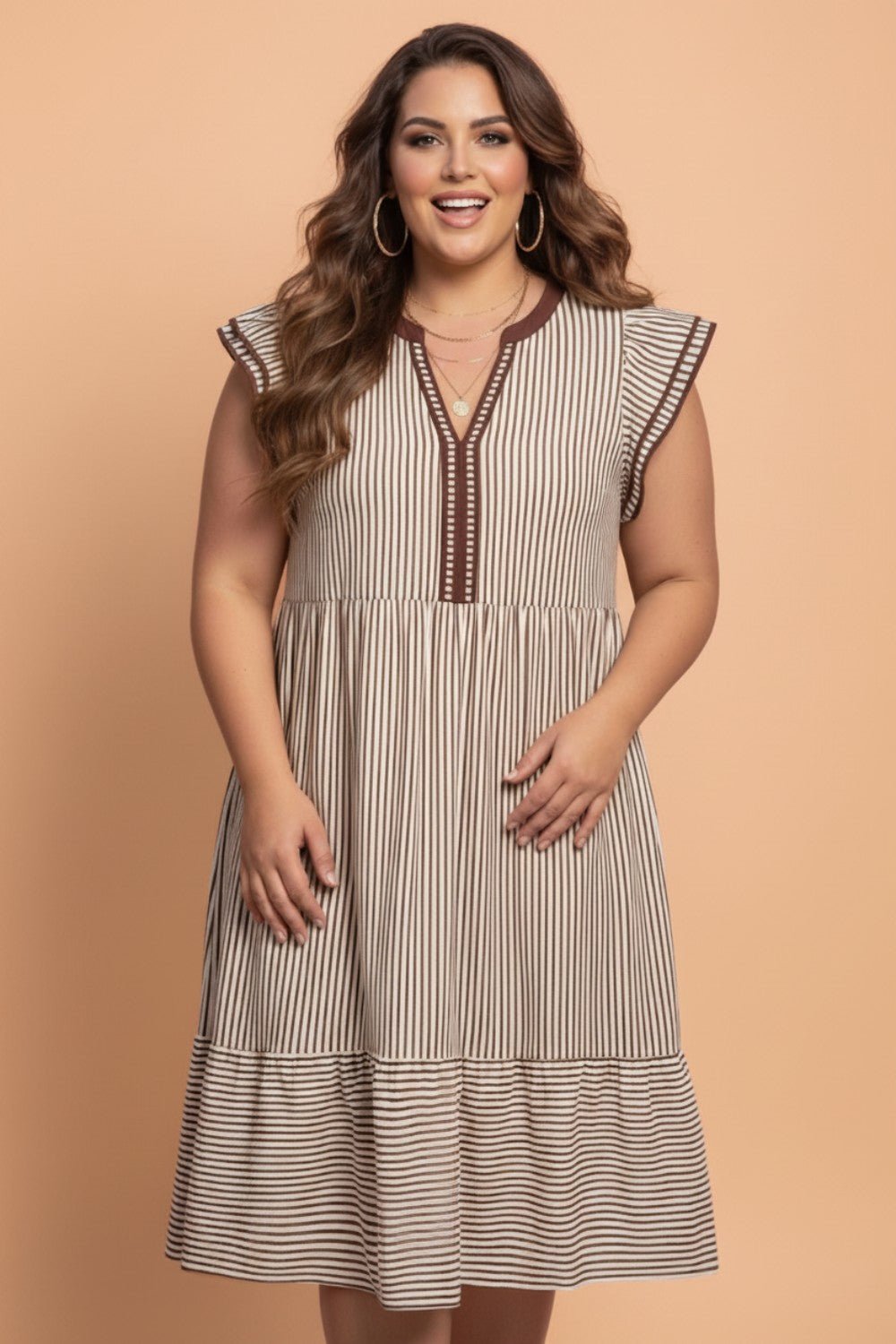 Plus Size Stripe Flutter Sleeve V-Neck Maxi Dress - Rooted & Reckless Co.