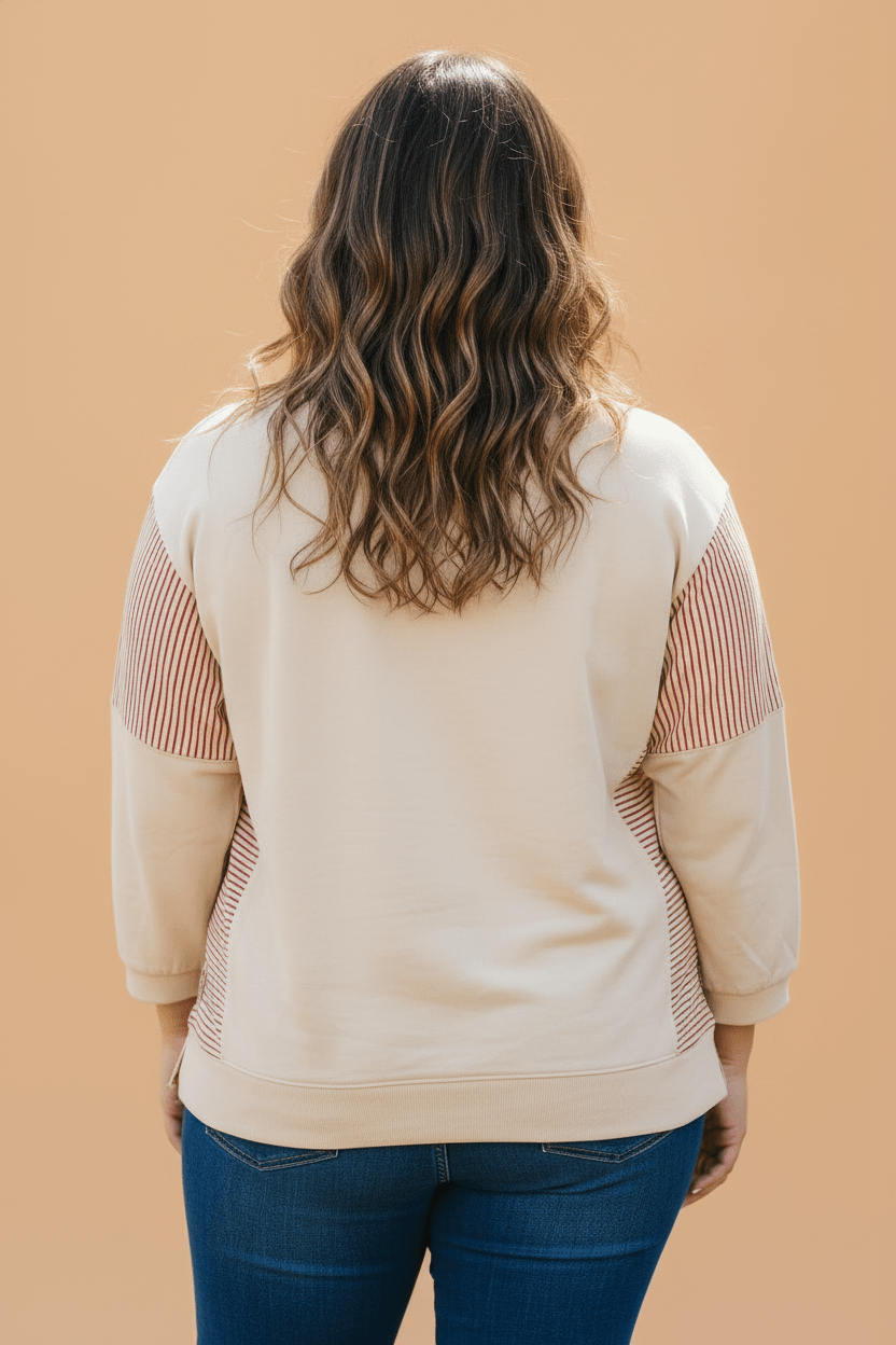 Plus Size Stripe Gingham Bow Patchwork 3/4 Sleeve Top - Rooted & Reckless Co.