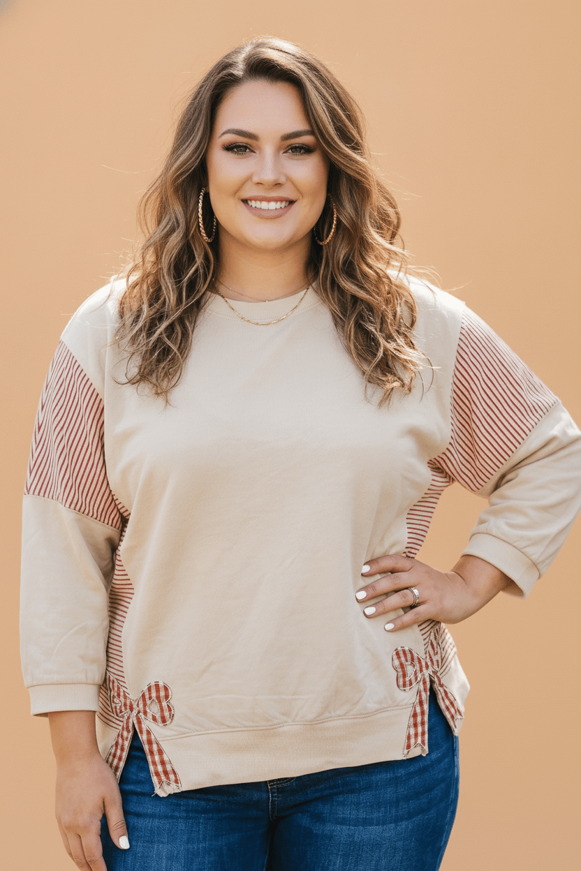 Plus Size Stripe Gingham Bow Patchwork 3/4 Sleeve Top - Rooted & Reckless Co.