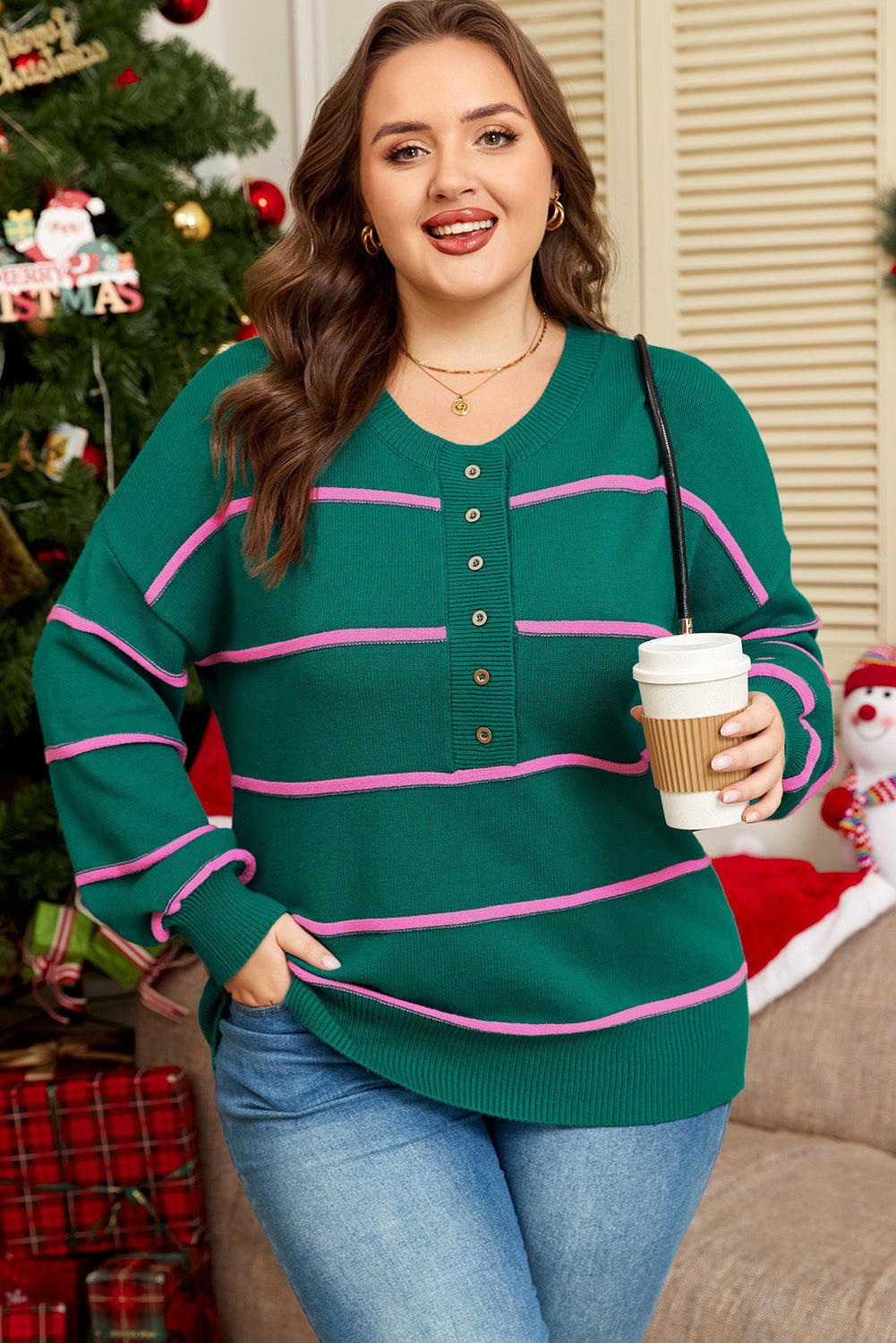 Plus Size Stripe Half Button Drop Shoulder Sweater - Rooted & Reckless Co.