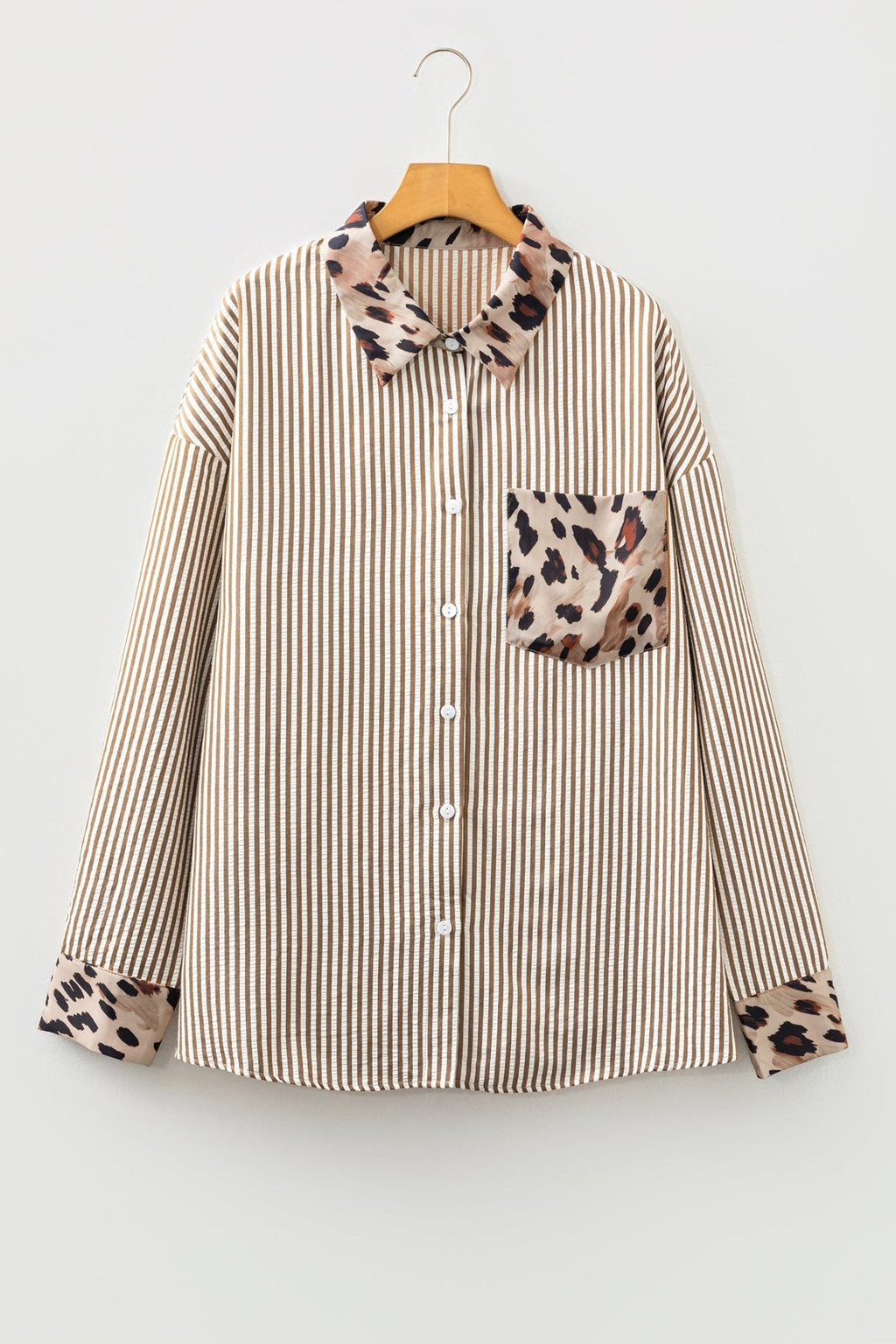 Plus Size Stripe Leopard Chest Pocket Collared Shirt - Rooted & Reckless Co.