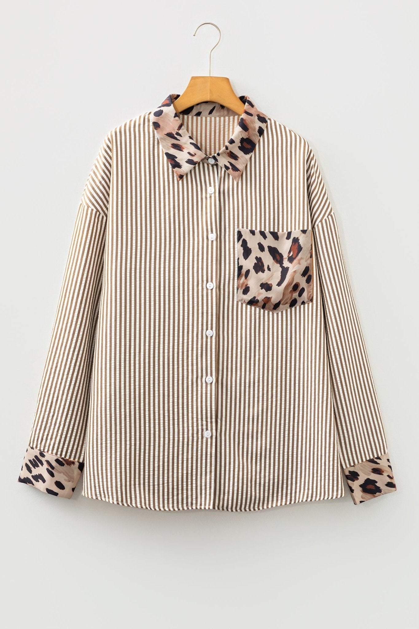 Plus Size Stripe Leopard Chest Pocket Collared Shirt - Rooted & Reckless Co.