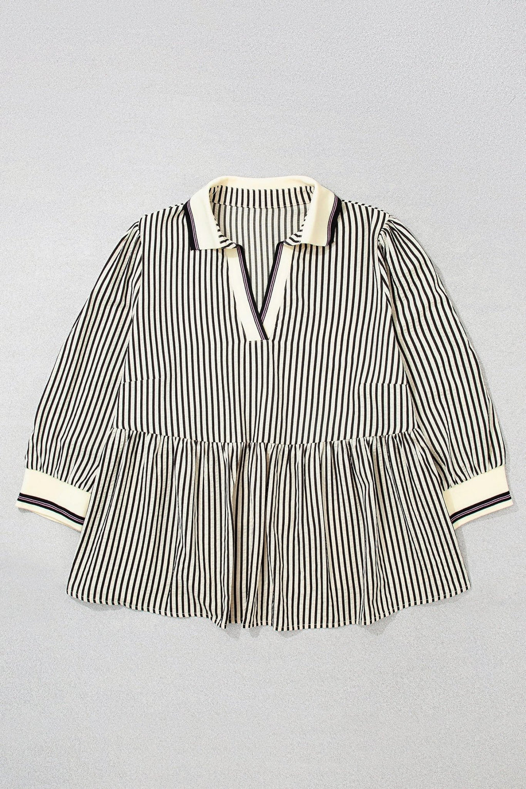 Plus Size Stripe Patchwork Collared V-Neck Peplum Blouse - Rooted & Reckless Co.