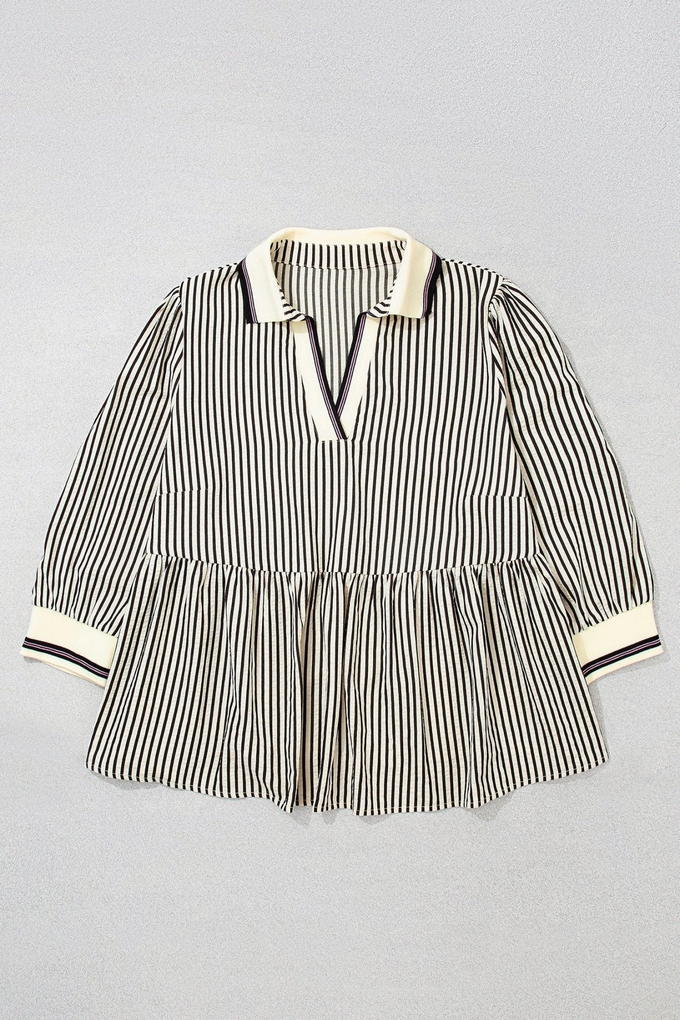 Plus Size Stripe Patchwork Collared V-Neck Peplum Blouse - Rooted & Reckless Co.