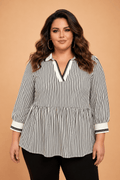 Plus Size Stripe Patchwork Collared V-Neck Peplum Blouse - Rooted & Reckless Co.