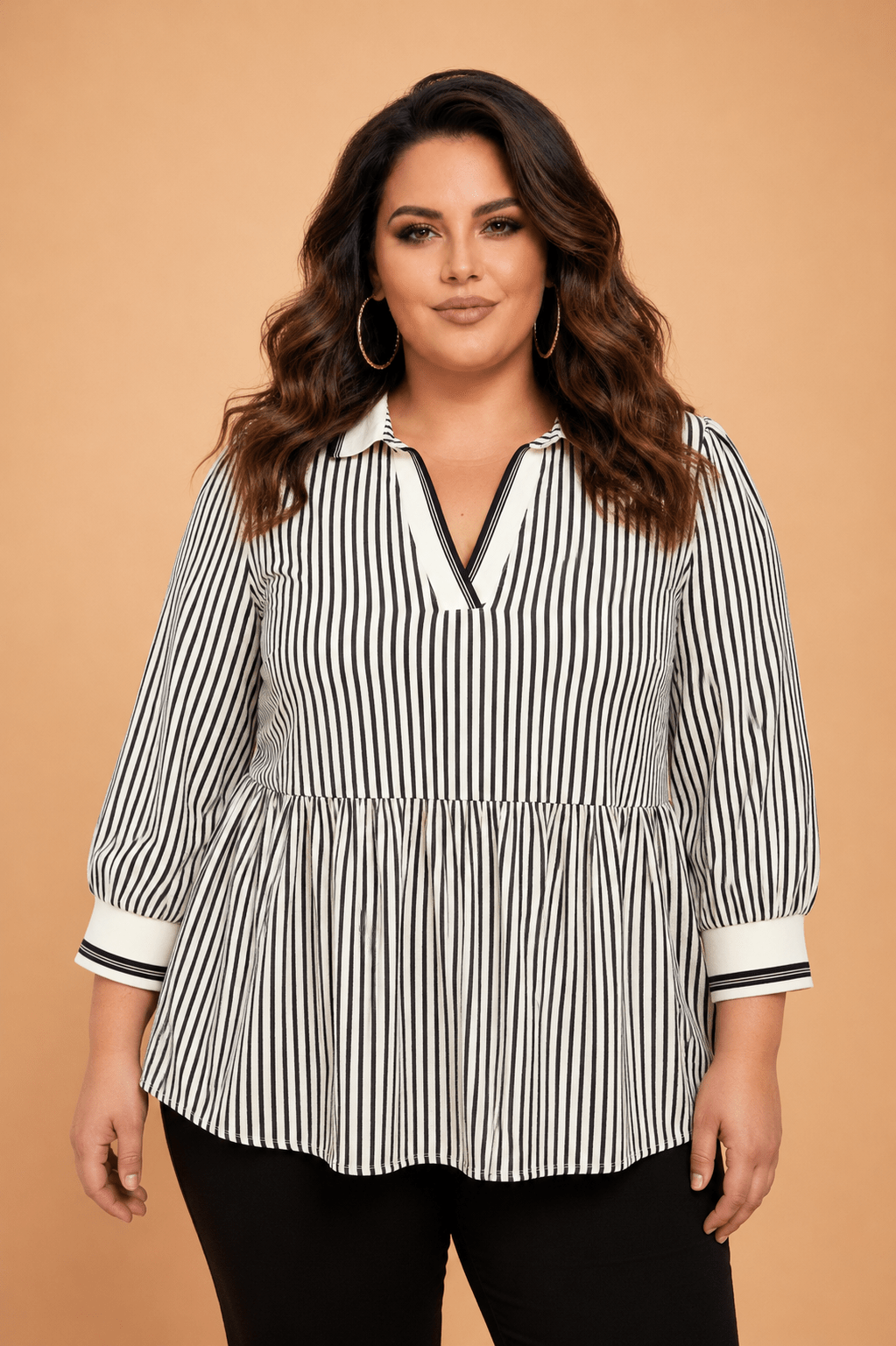 Plus Size Stripe Patchwork Collared V-Neck Peplum Blouse - Rooted & Reckless Co.