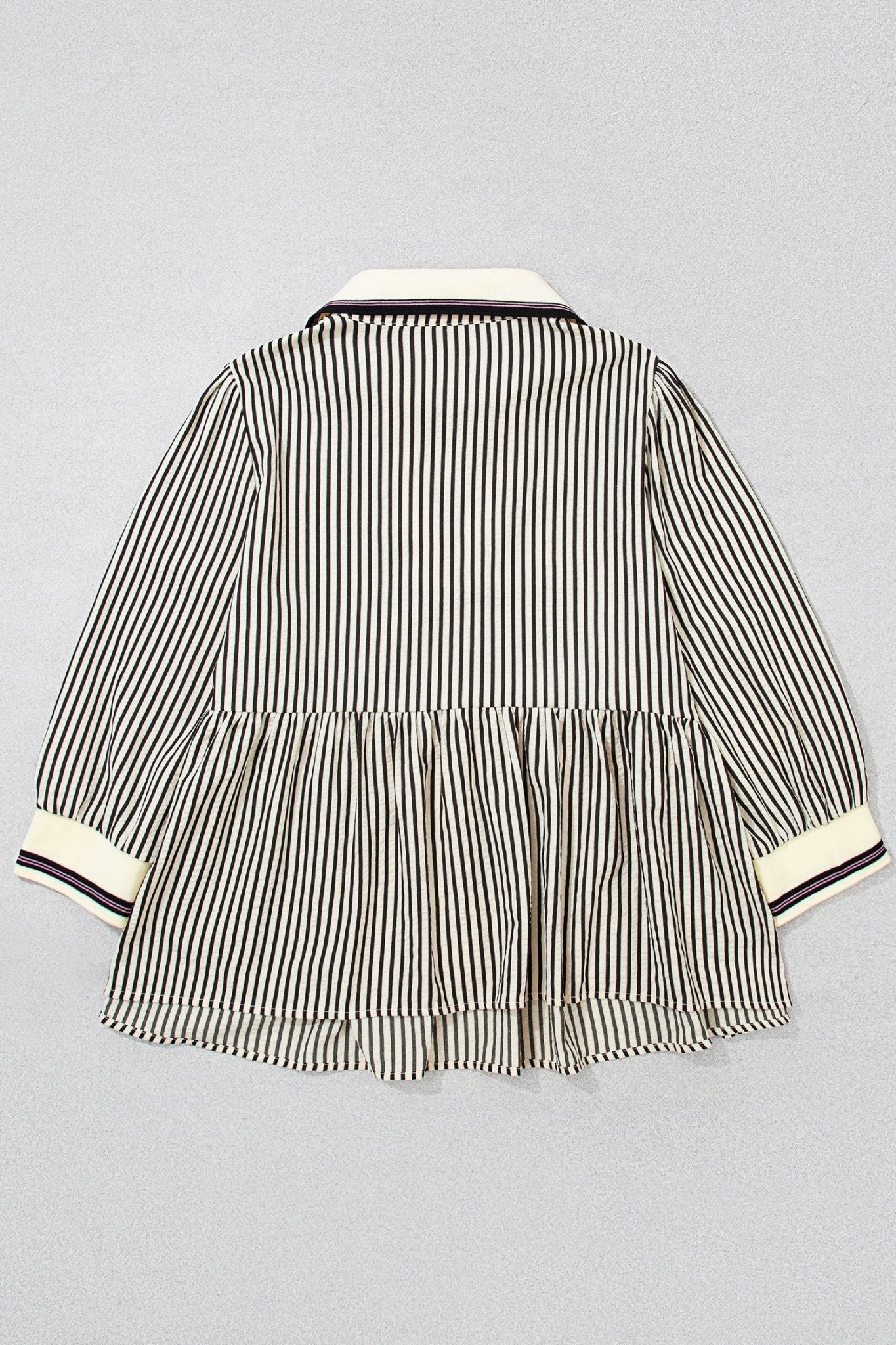 Plus Size Stripe Patchwork Collared V-Neck Peplum Blouse - Rooted & Reckless Co.