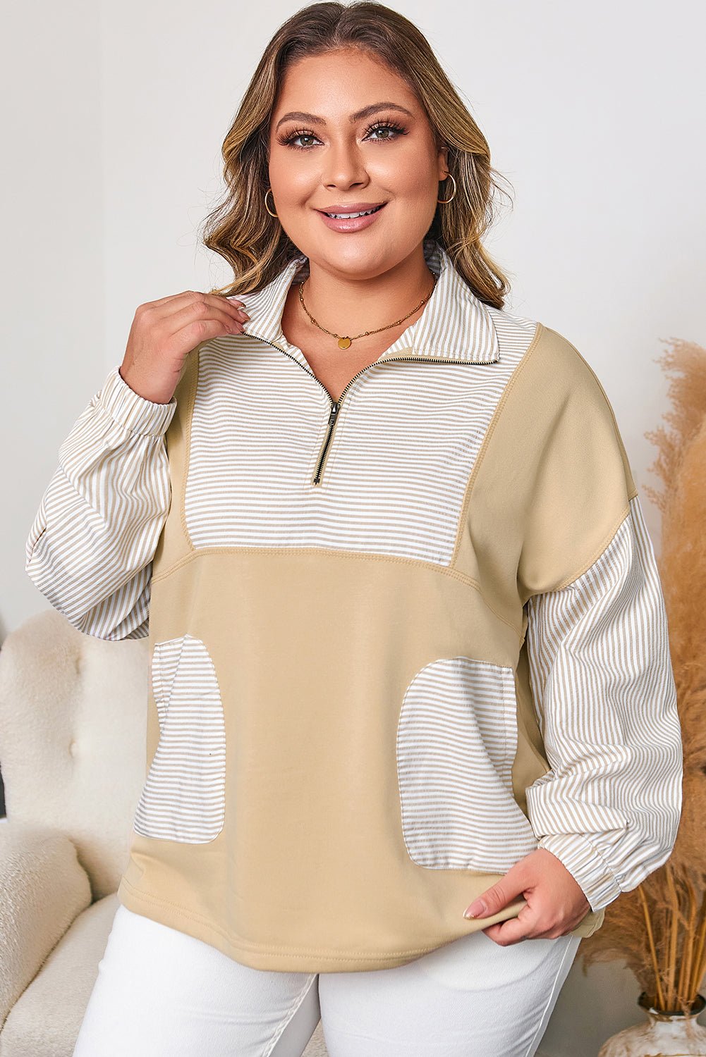 Plus Size Stripe Patchwork Half-Zip Sweatshirt - Rooted & Reckless Co.