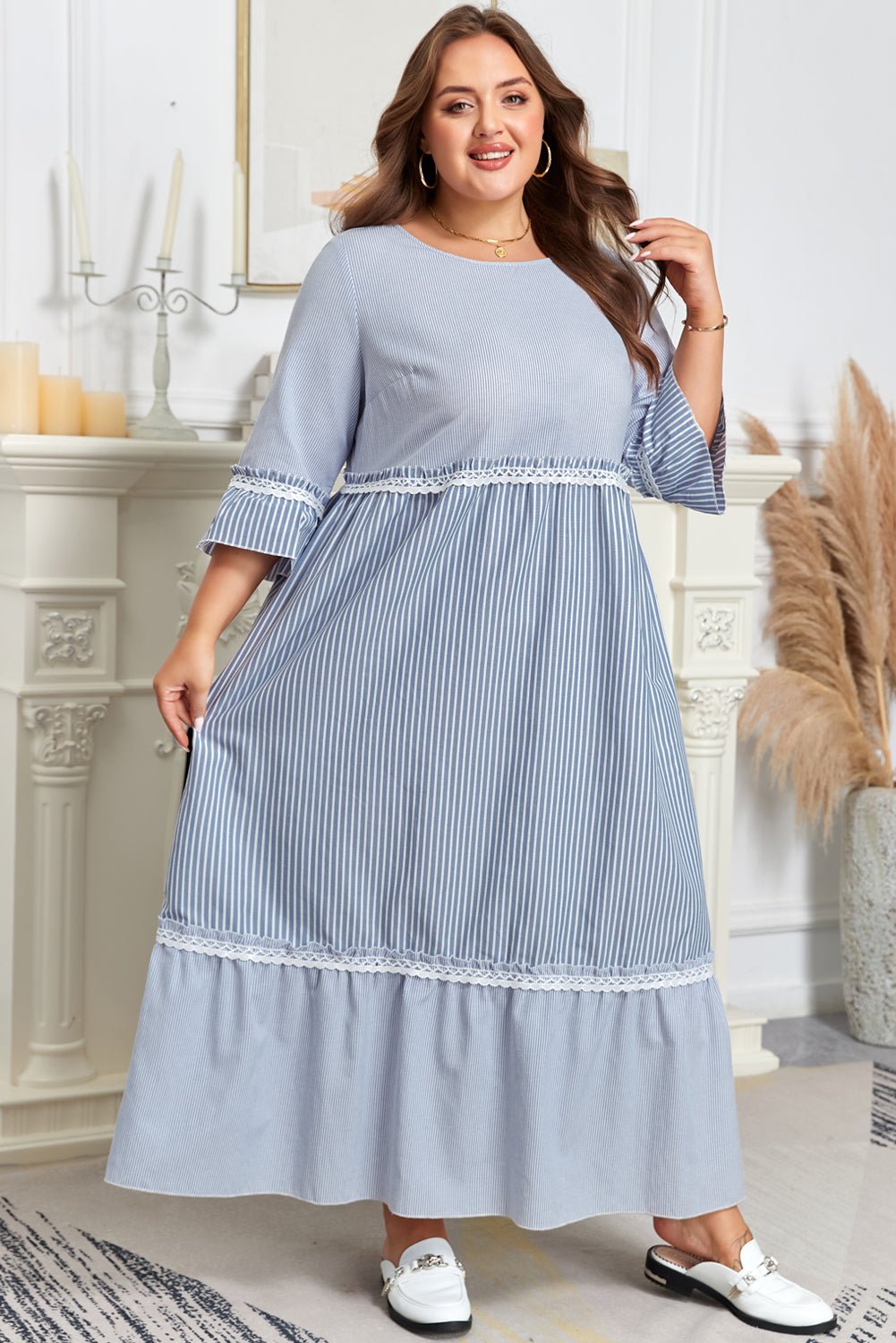 Plus Size Stripe Patchwork Lace Trim 3/4 Sleeve Maxi Dress - Rooted & Reckless Co.