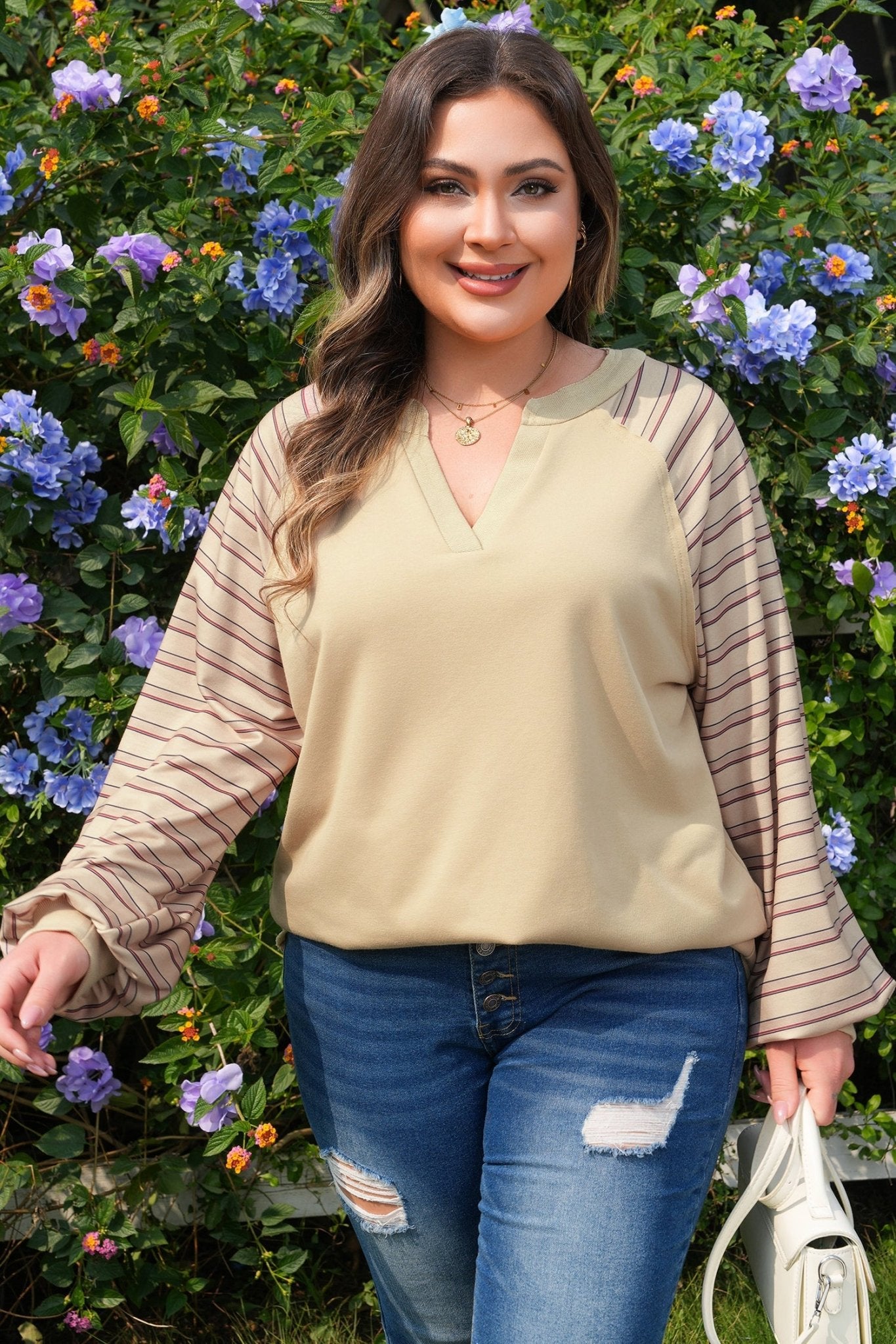 Plus Size Stripe Patchwork Raglan Sleeve Jumper - Rooted & Reckless Co.