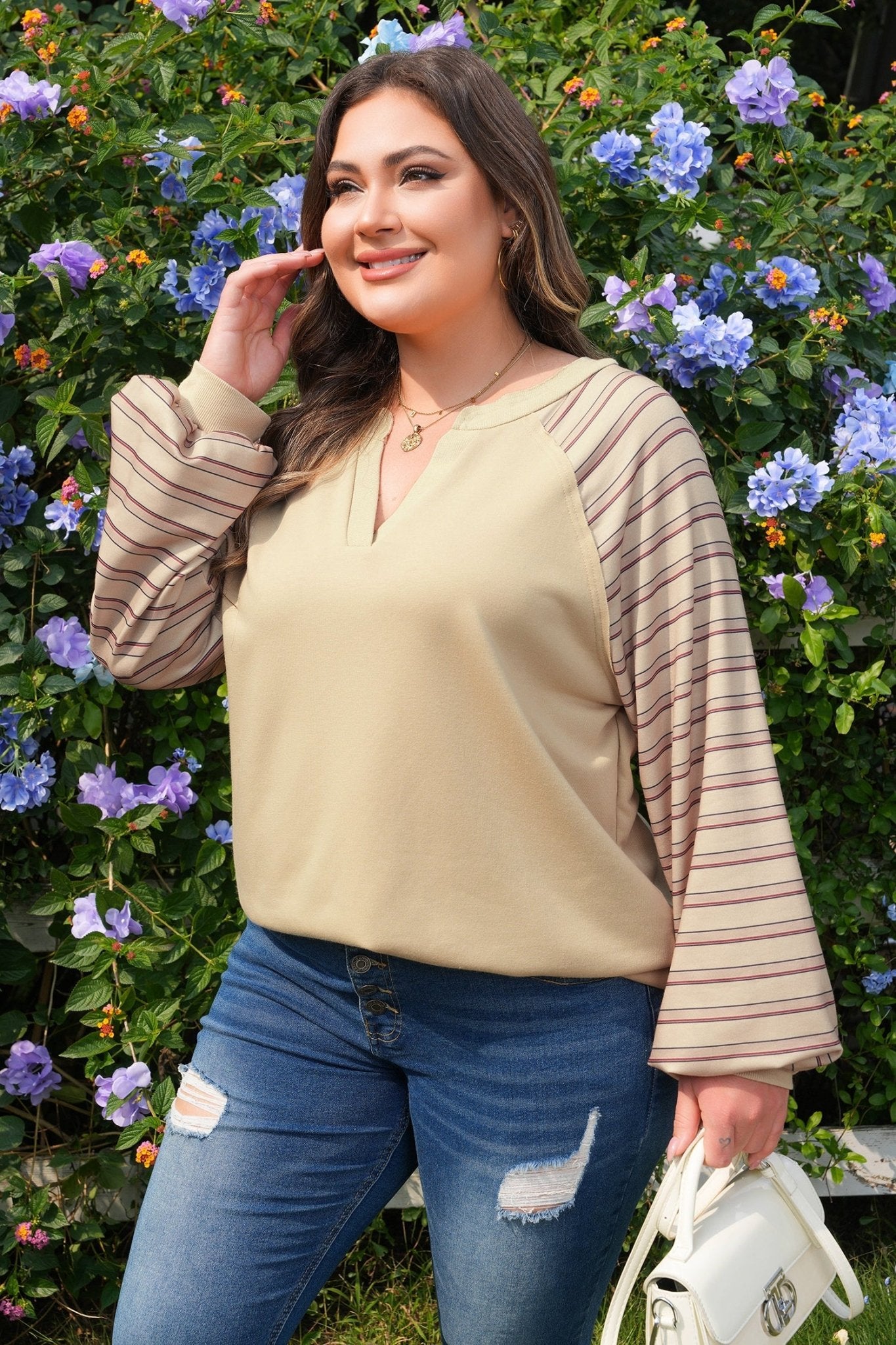 Plus Size Stripe Patchwork Raglan Sleeve Jumper - Rooted & Reckless Co.