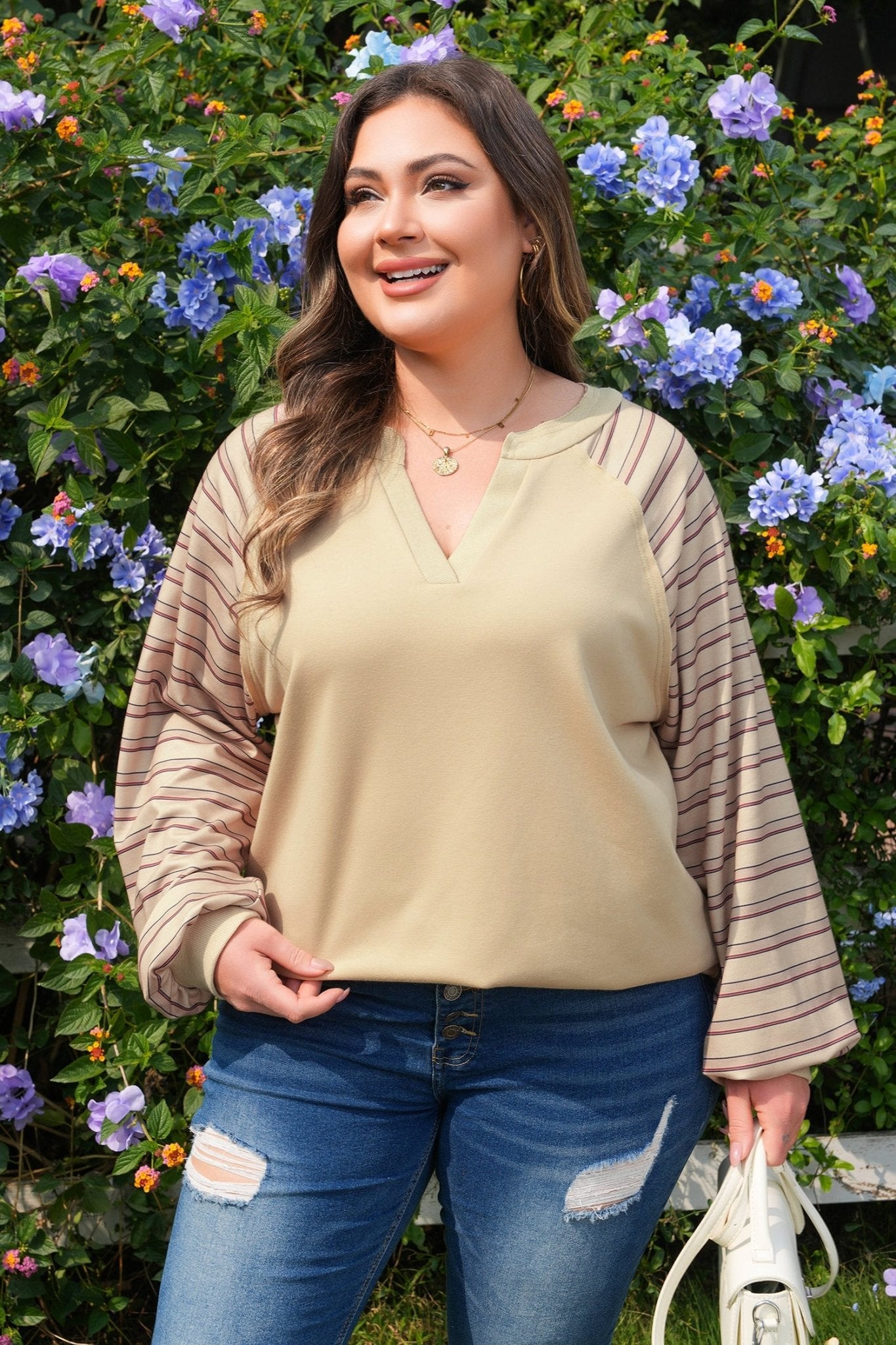Plus Size Stripe Patchwork Raglan Sleeve Jumper - Rooted & Reckless Co.
