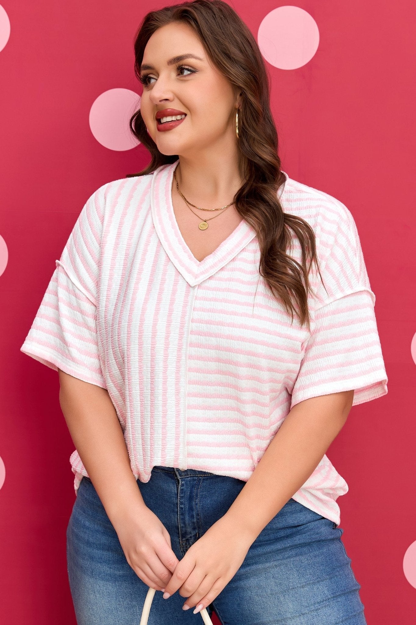 Plus Size Stripe Patchwork V-Neck T-Shirt - Rooted & Reckless Co.