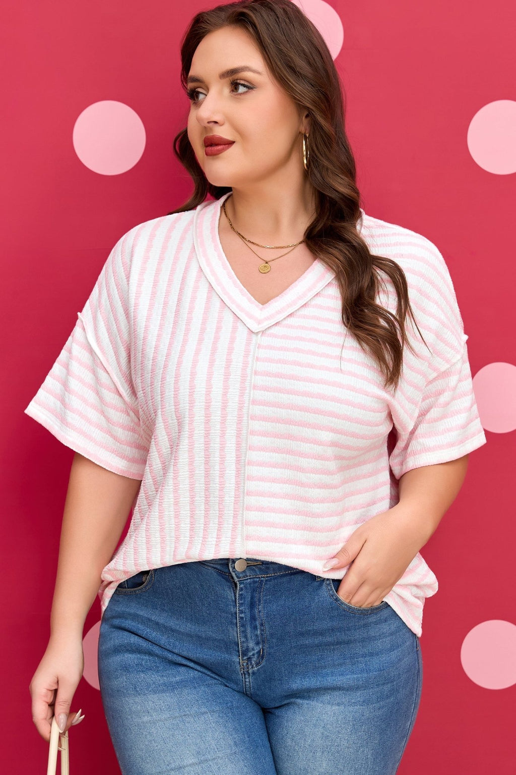 Plus Size Stripe Patchwork V-Neck T-Shirt - Rooted & Reckless Co.