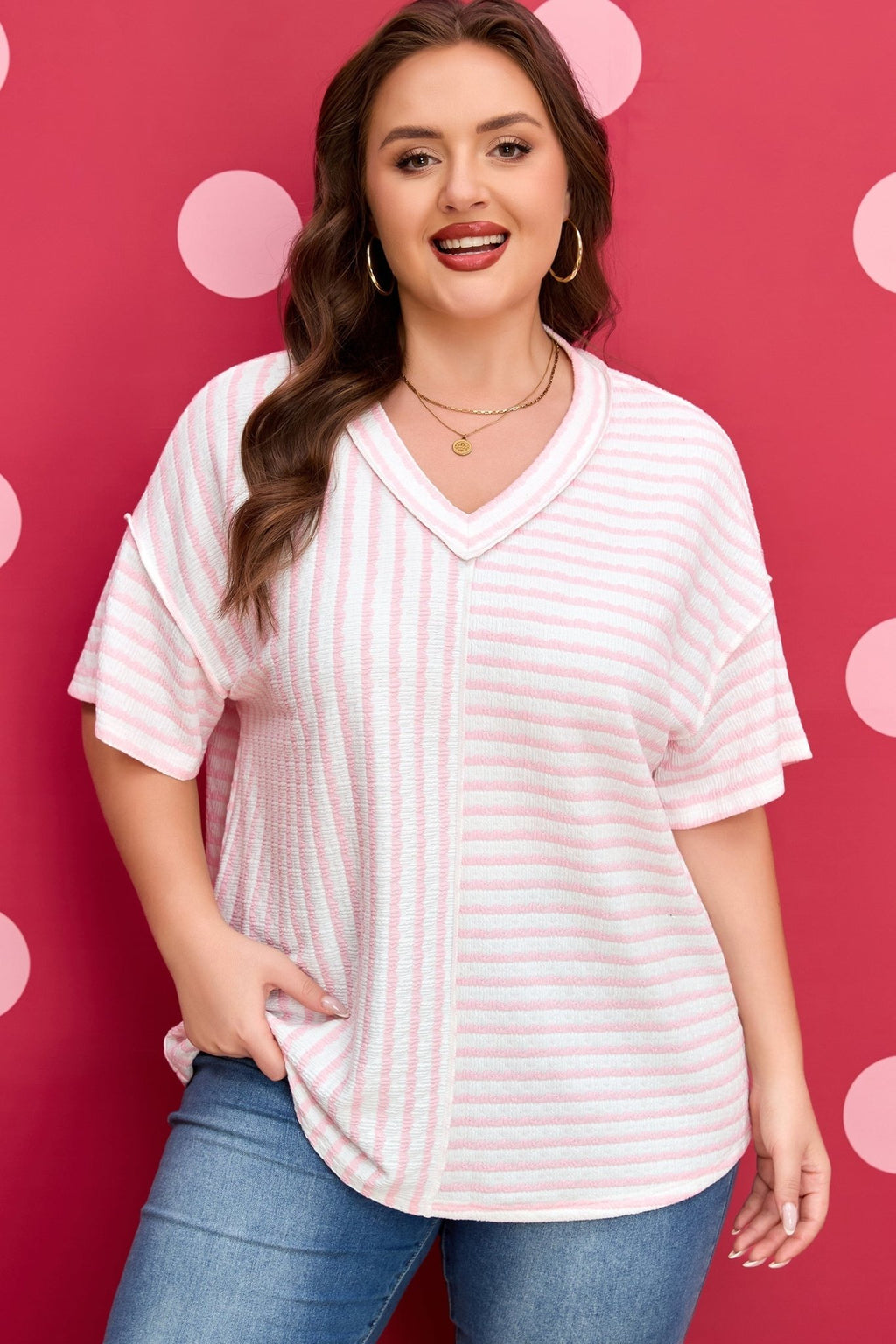 Plus Size Stripe Patchwork V-Neck T-Shirt - Rooted & Reckless Co.