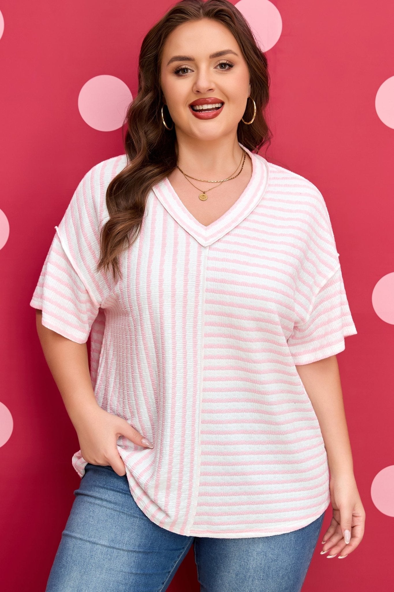Plus Size Stripe Patchwork V-Neck T-Shirt - Rooted & Reckless Co.