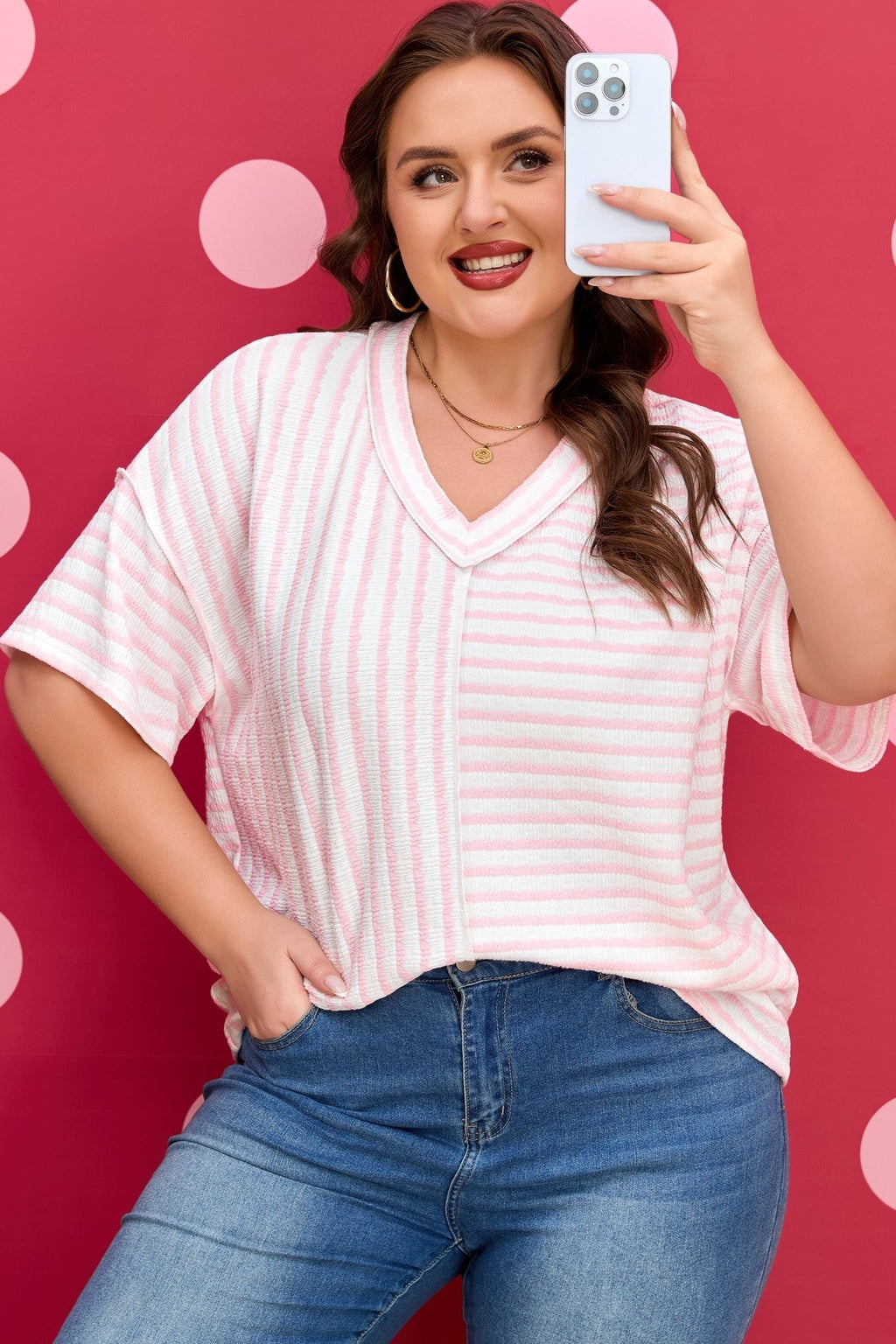 Plus Size Stripe Patchwork V-Neck T-Shirt - Rooted & Reckless Co.