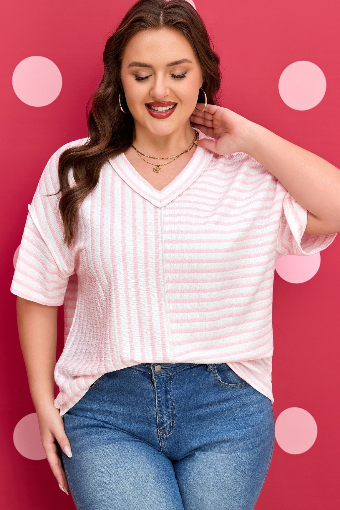 Plus Size Stripe Patchwork V-Neck T-Shirt - Rooted & Reckless Co.