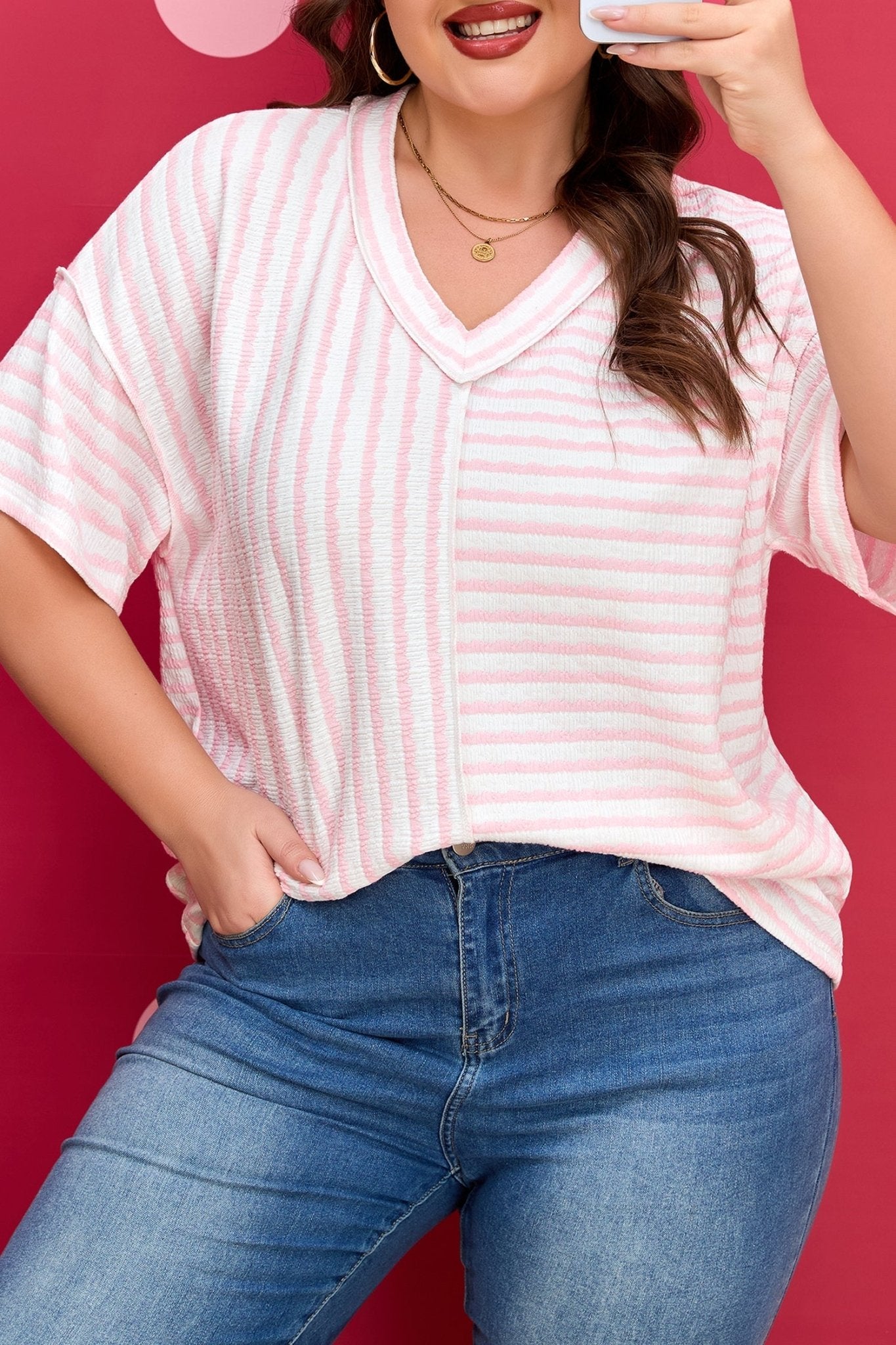 Plus Size Stripe Patchwork V-Neck T-Shirt - Rooted & Reckless Co.