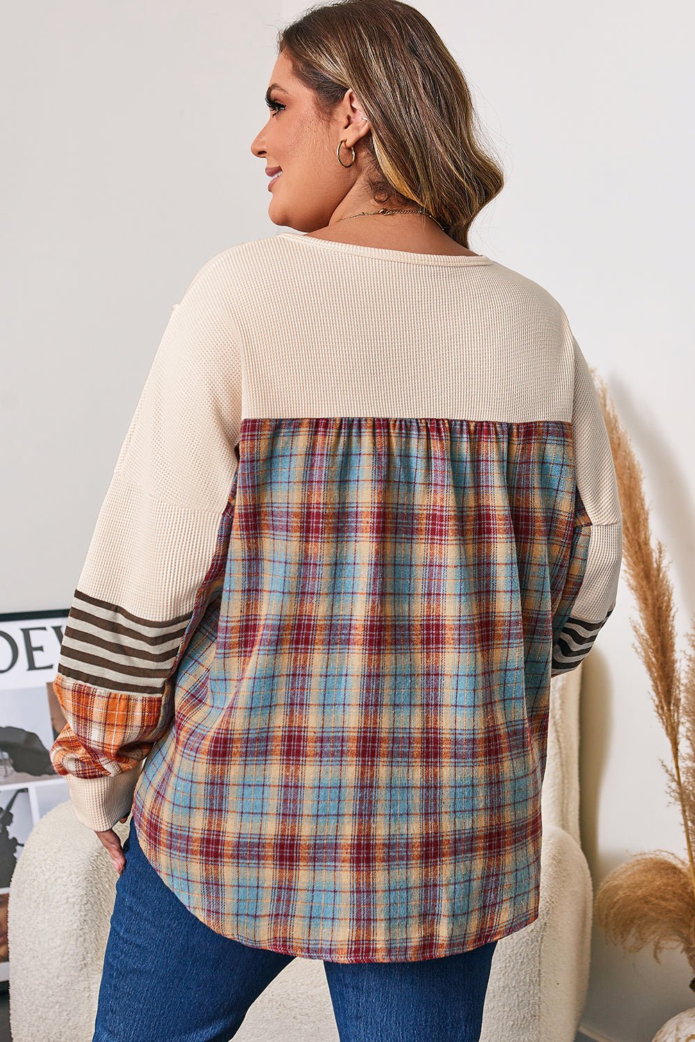 Plus Size Stripe Plaid Patchwork Waffle Top - Rooted & Reckless Co.