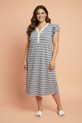 Plus Size Stripe Ruffle Sleeve Button V-Neck Dress - Rooted & Reckless Co.