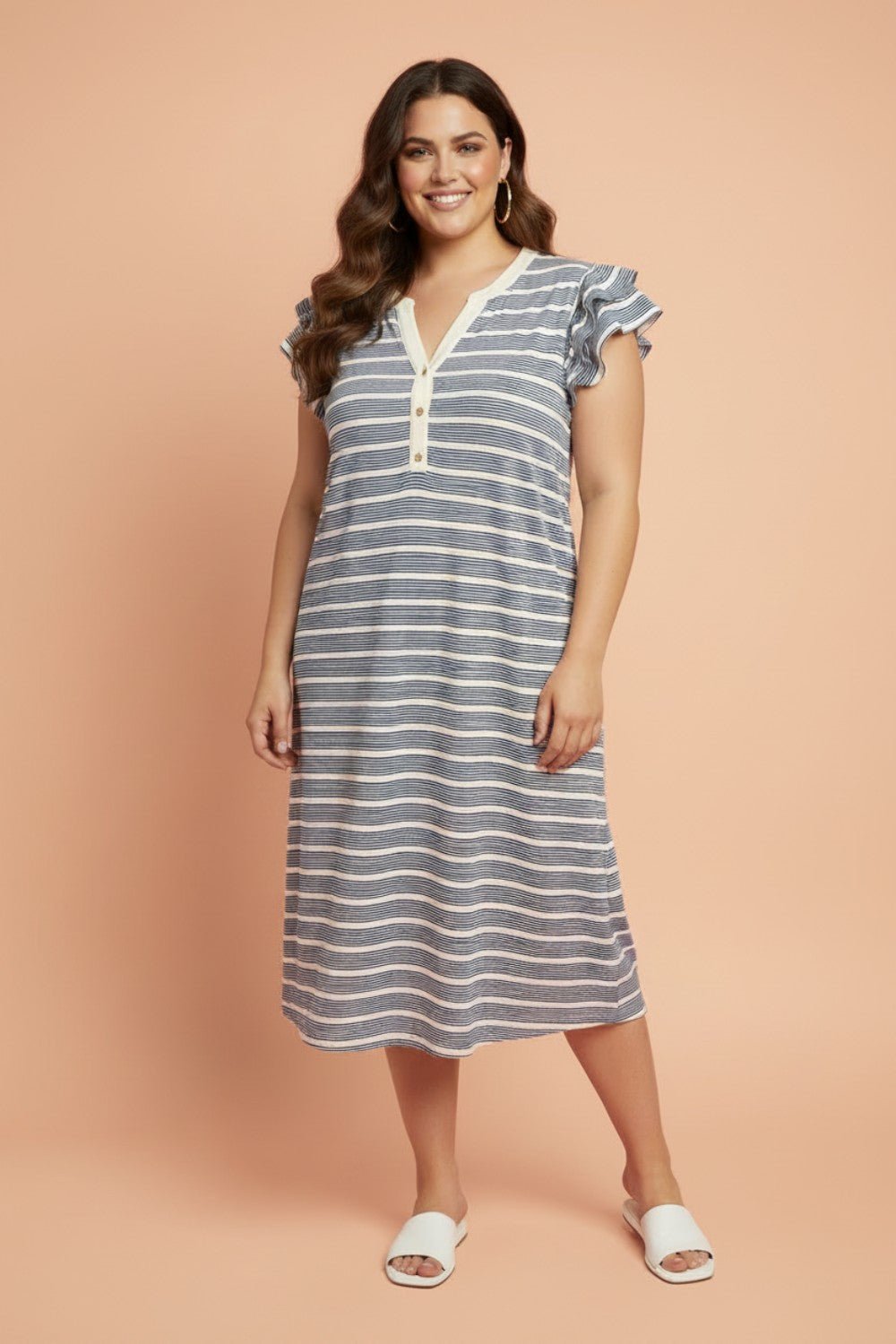 Plus Size Stripe Ruffle Sleeve Button V-Neck Dress - Rooted & Reckless Co.