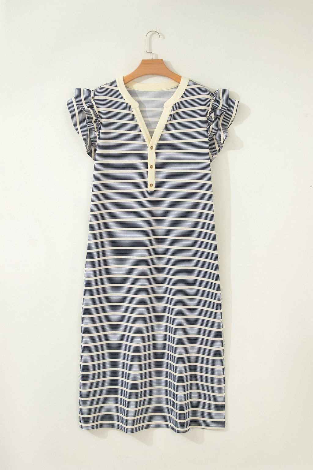 Plus Size Stripe Ruffle Sleeve Button V-Neck Dress - Rooted & Reckless Co.