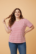 Plus Size Stripe Scalloped Trim Round Neck Top - Rooted & Reckless Co.