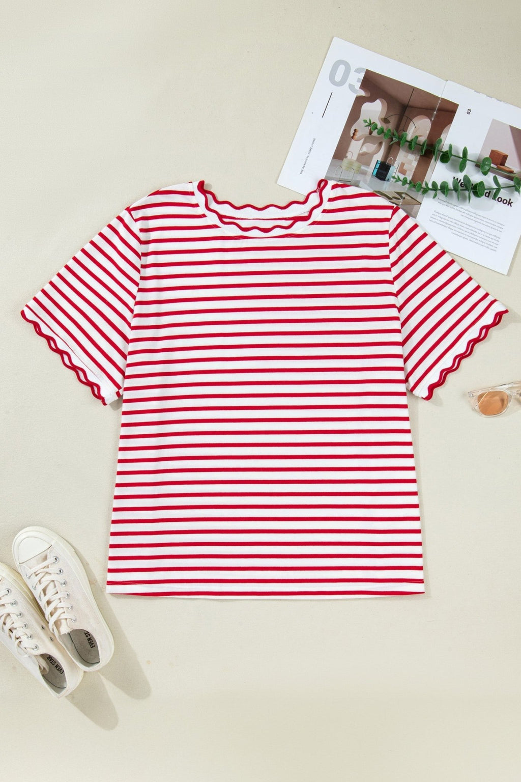 Plus Size Stripe Scalloped Trim Round Neck Top - Rooted & Reckless Co.