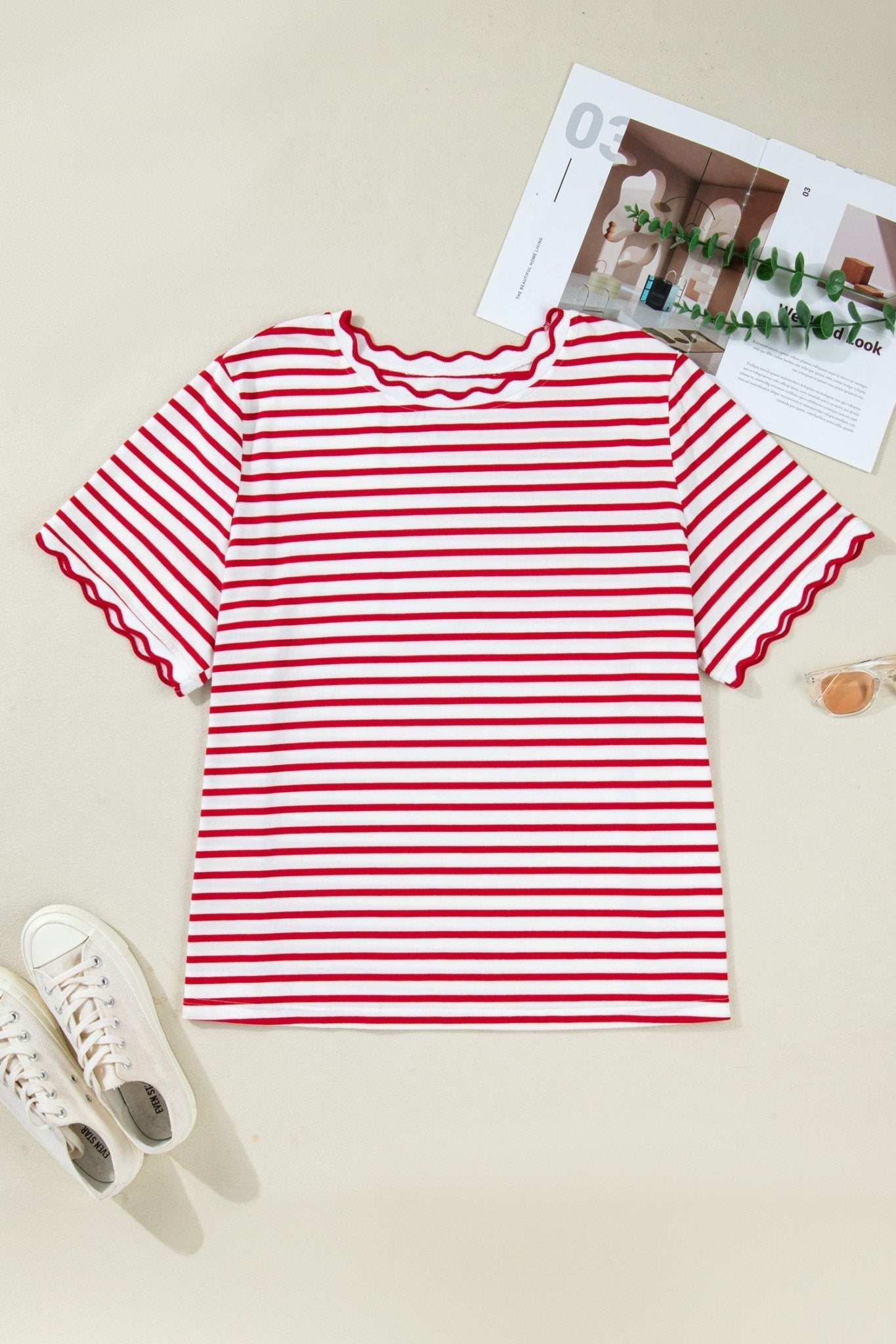 Plus Size Stripe Scalloped Trim Round Neck Top - Rooted & Reckless Co.
