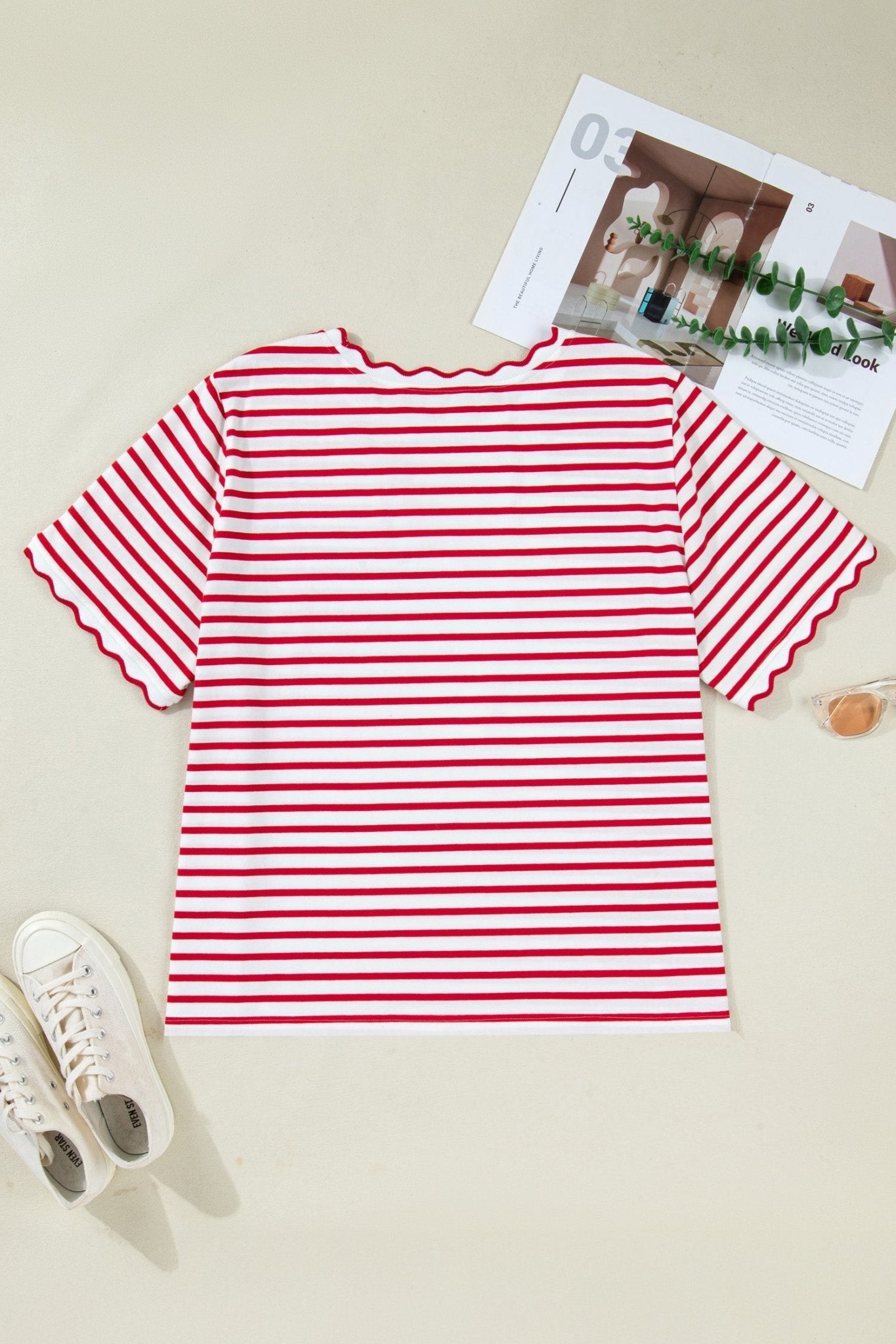 Plus Size Stripe Scalloped Trim Round Neck Top - Rooted & Reckless Co.