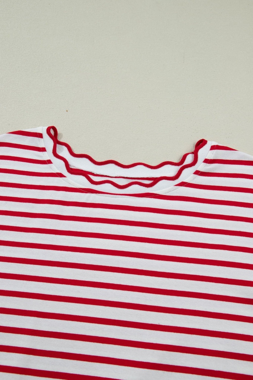 Plus Size Stripe Scalloped Trim Round Neck Top - Rooted & Reckless Co.