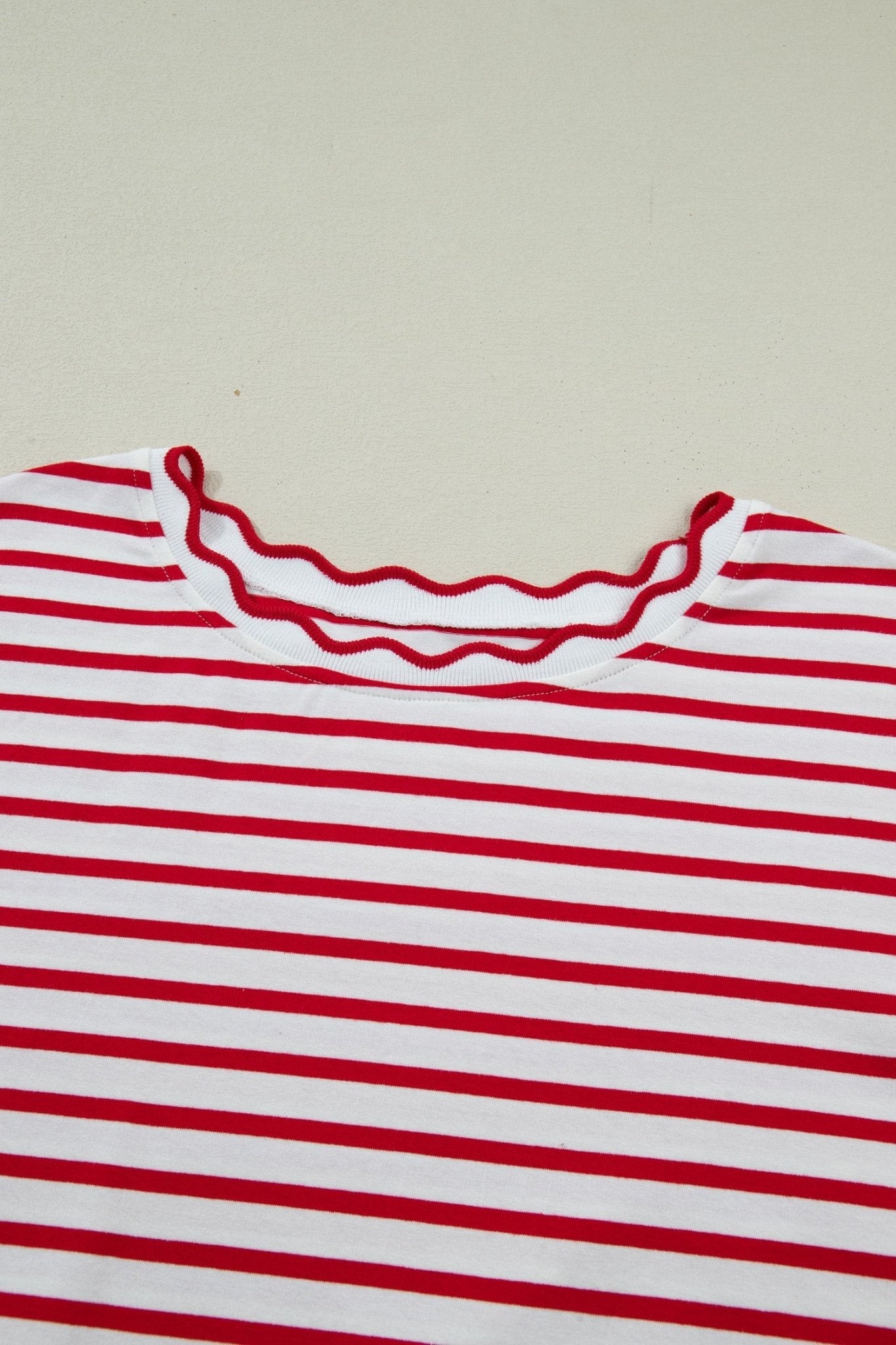 Plus Size Stripe Scalloped Trim Round Neck Top - Rooted & Reckless Co.