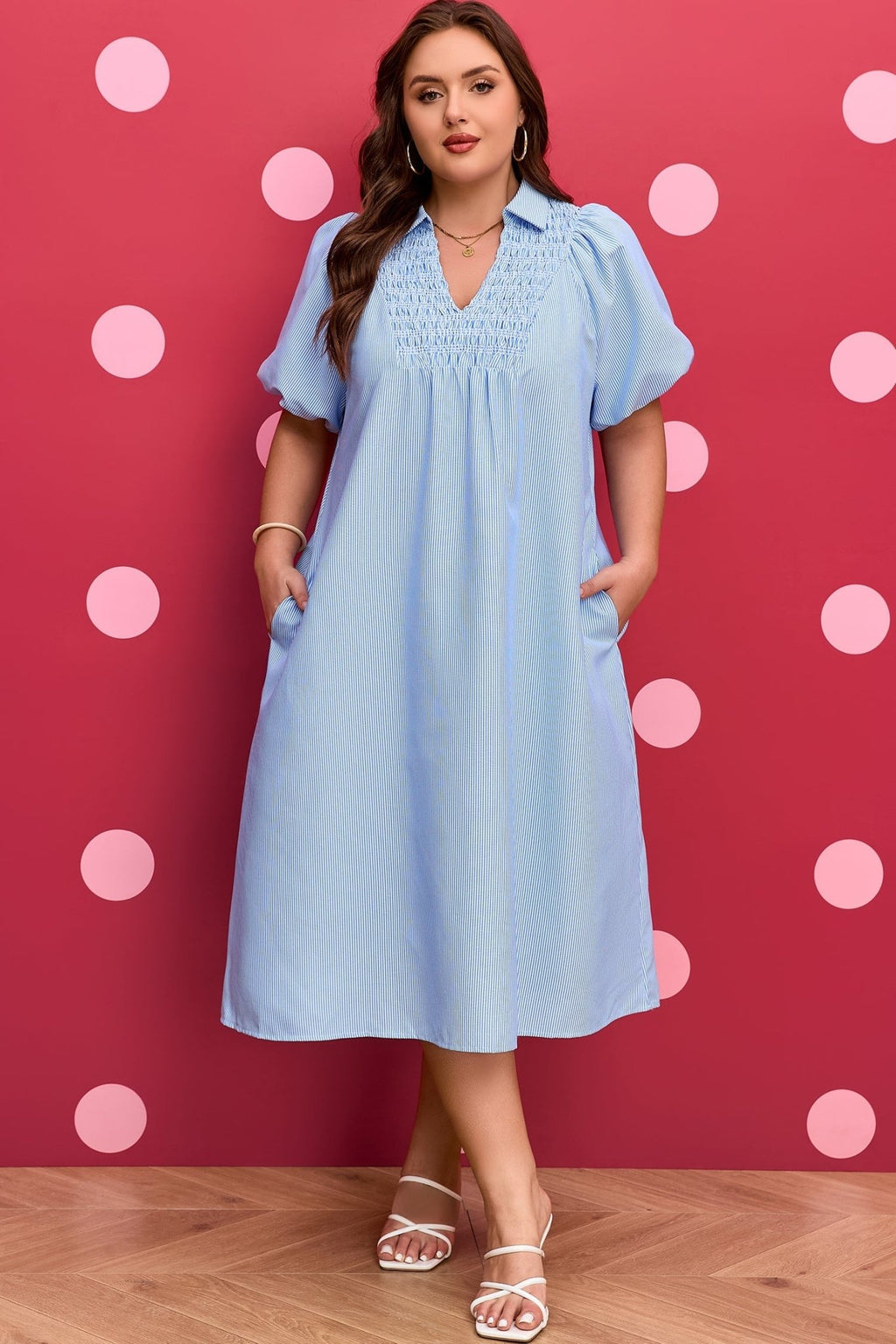 Plus Size Stripe Shirred Collared V-Neck Midi Dress - Rooted & Reckless Co.