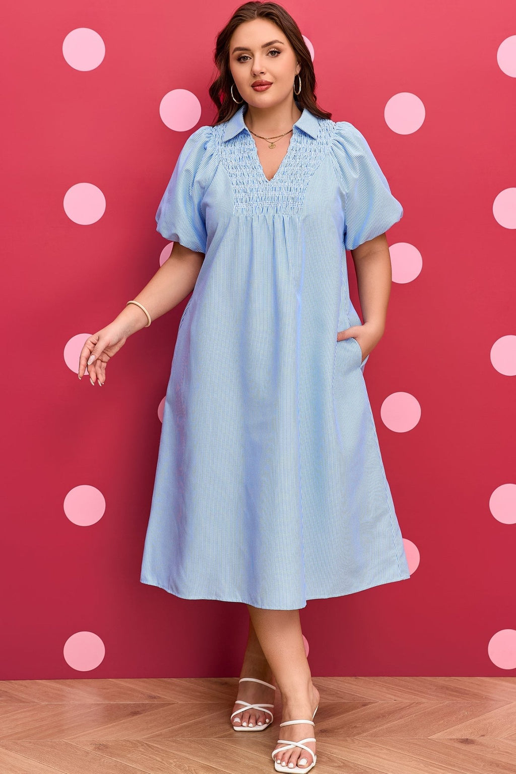 Plus Size Stripe Shirred Collared V-Neck Midi Dress - Rooted & Reckless Co.
