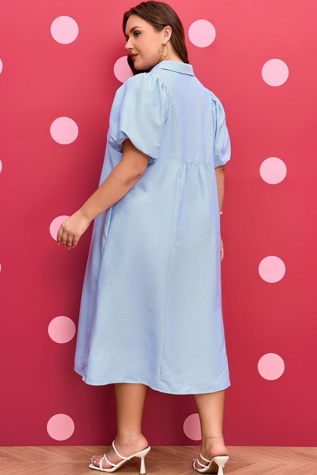 Plus Size Stripe Shirred Collared V-Neck Midi Dress - Rooted & Reckless Co.