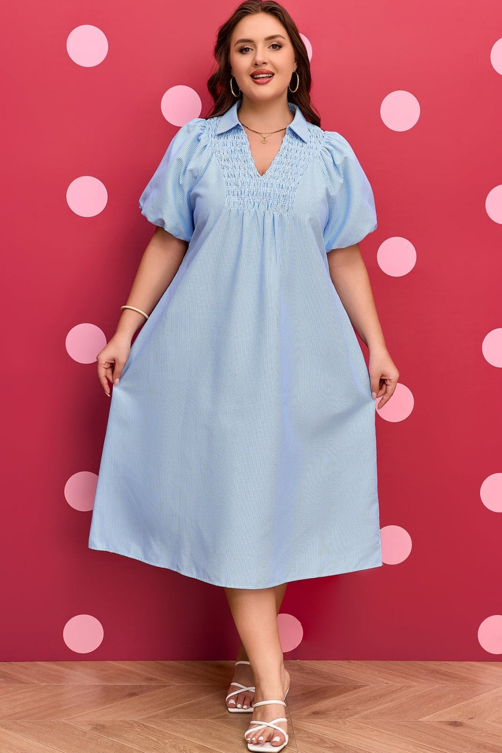 Plus Size Stripe Shirred Collared V-Neck Midi Dress - Rooted & Reckless Co.