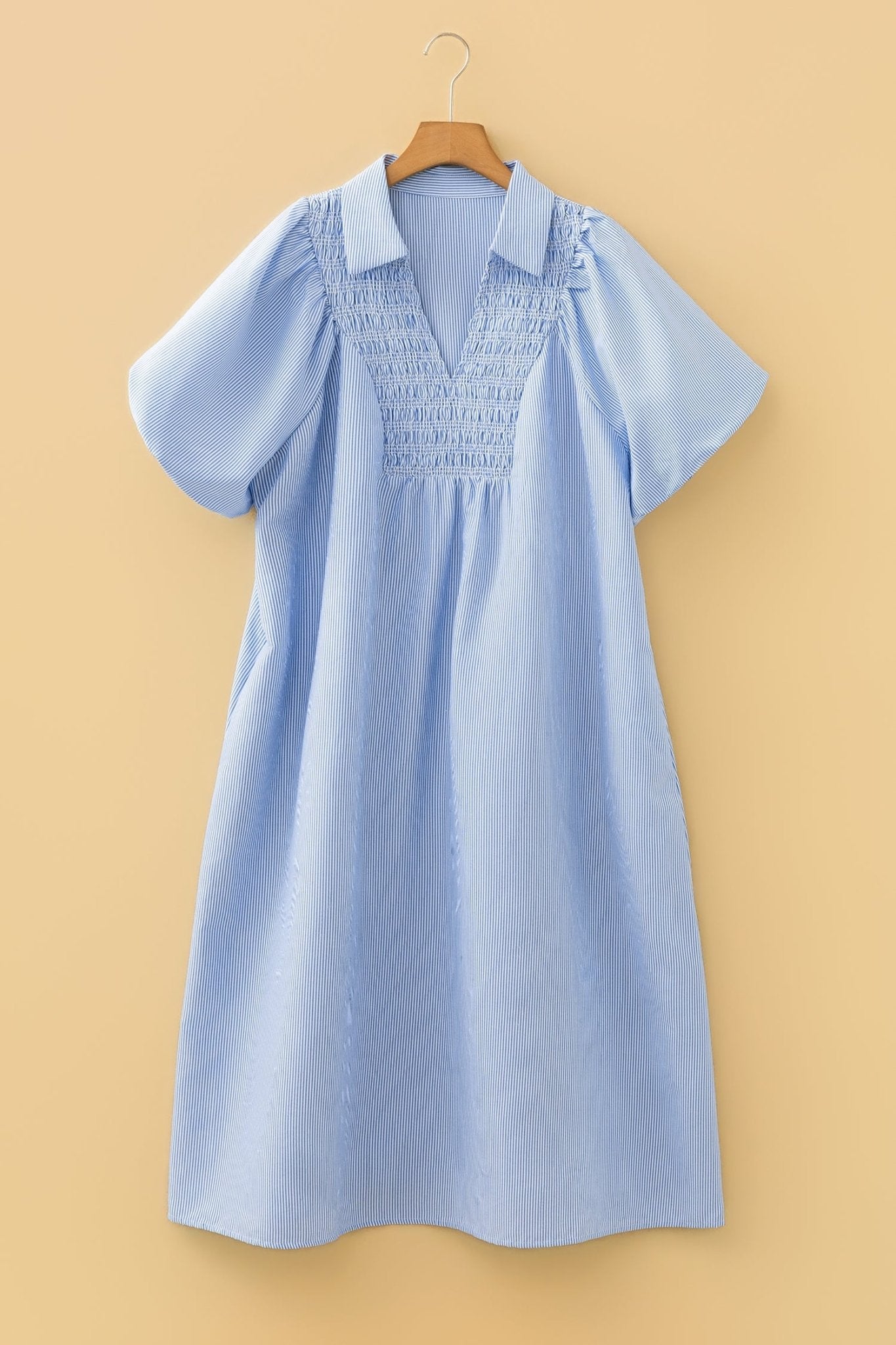 Plus Size Stripe Shirred Collared V-Neck Midi Dress - Rooted & Reckless Co.
