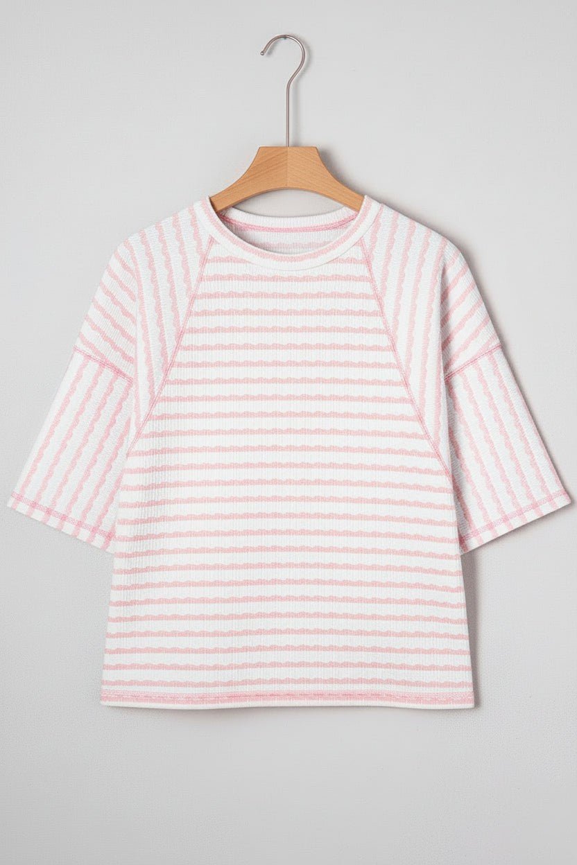 Plus Size Stripe Textured Patchwork 3/4 Sleeve Top - Rooted & Reckless Co.