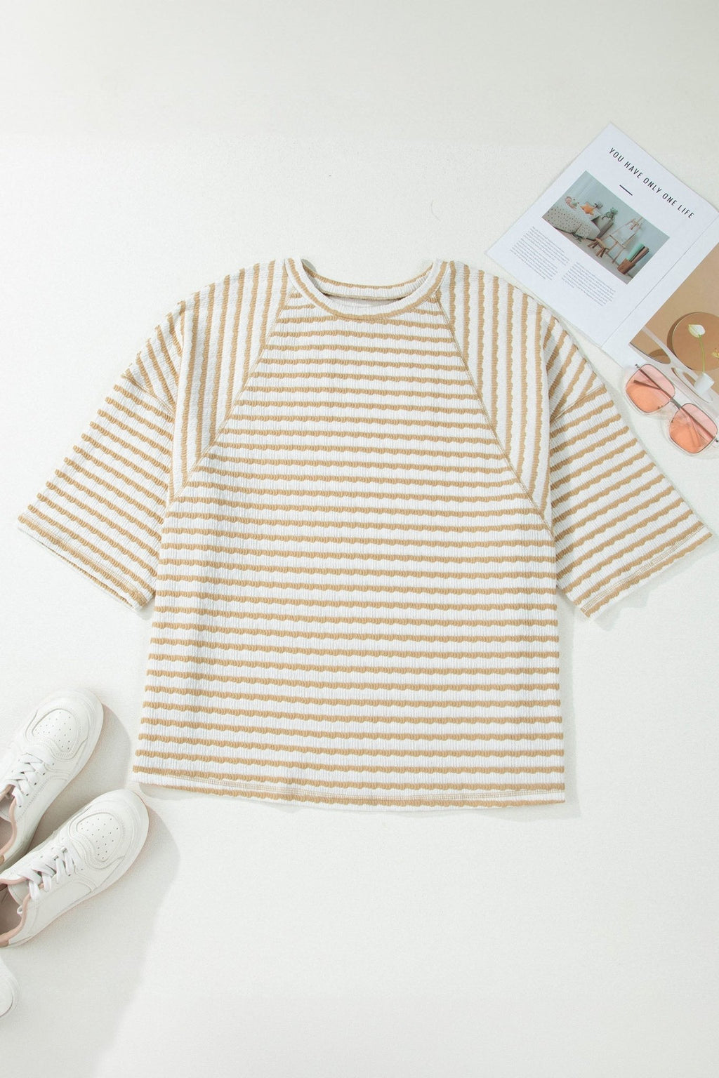 Plus Size Stripe Textured Patchwork 3/4 Sleeve Top - Rooted & Reckless Co.
