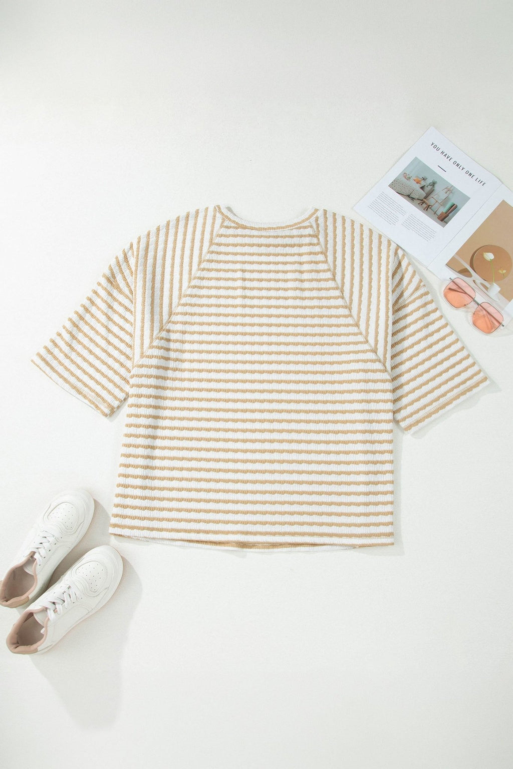 Plus Size Stripe Textured Patchwork 3/4 Sleeve Top - Rooted & Reckless Co.