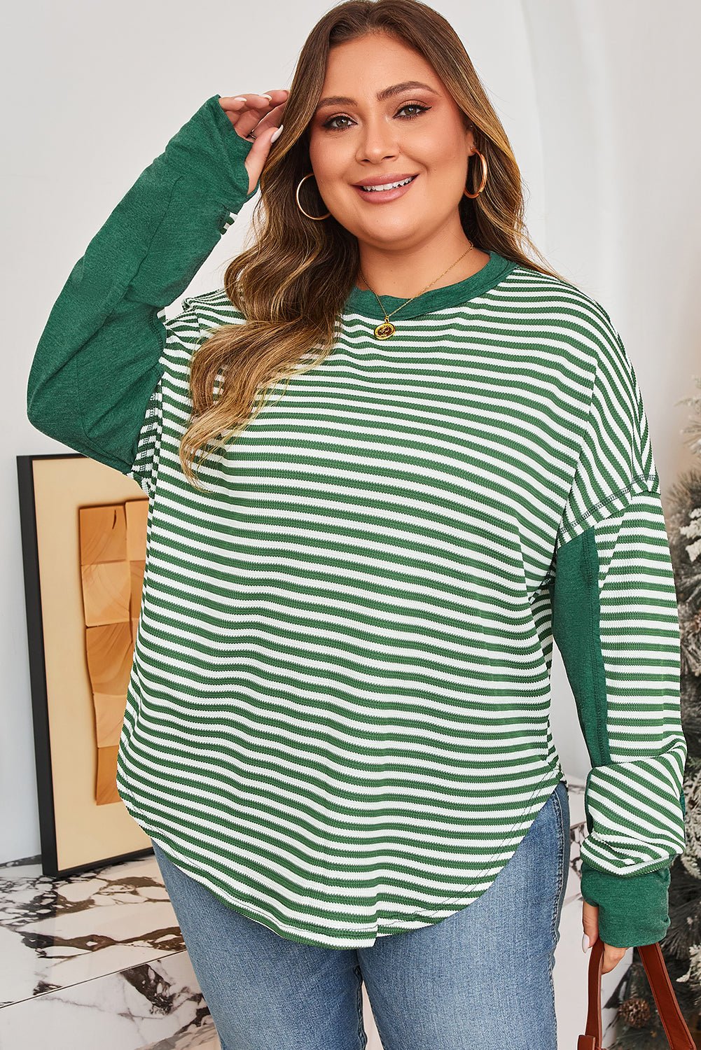Plus Size Stripe Thermal Reverse Seam Patchwork Top - Rooted & Reckless Co.