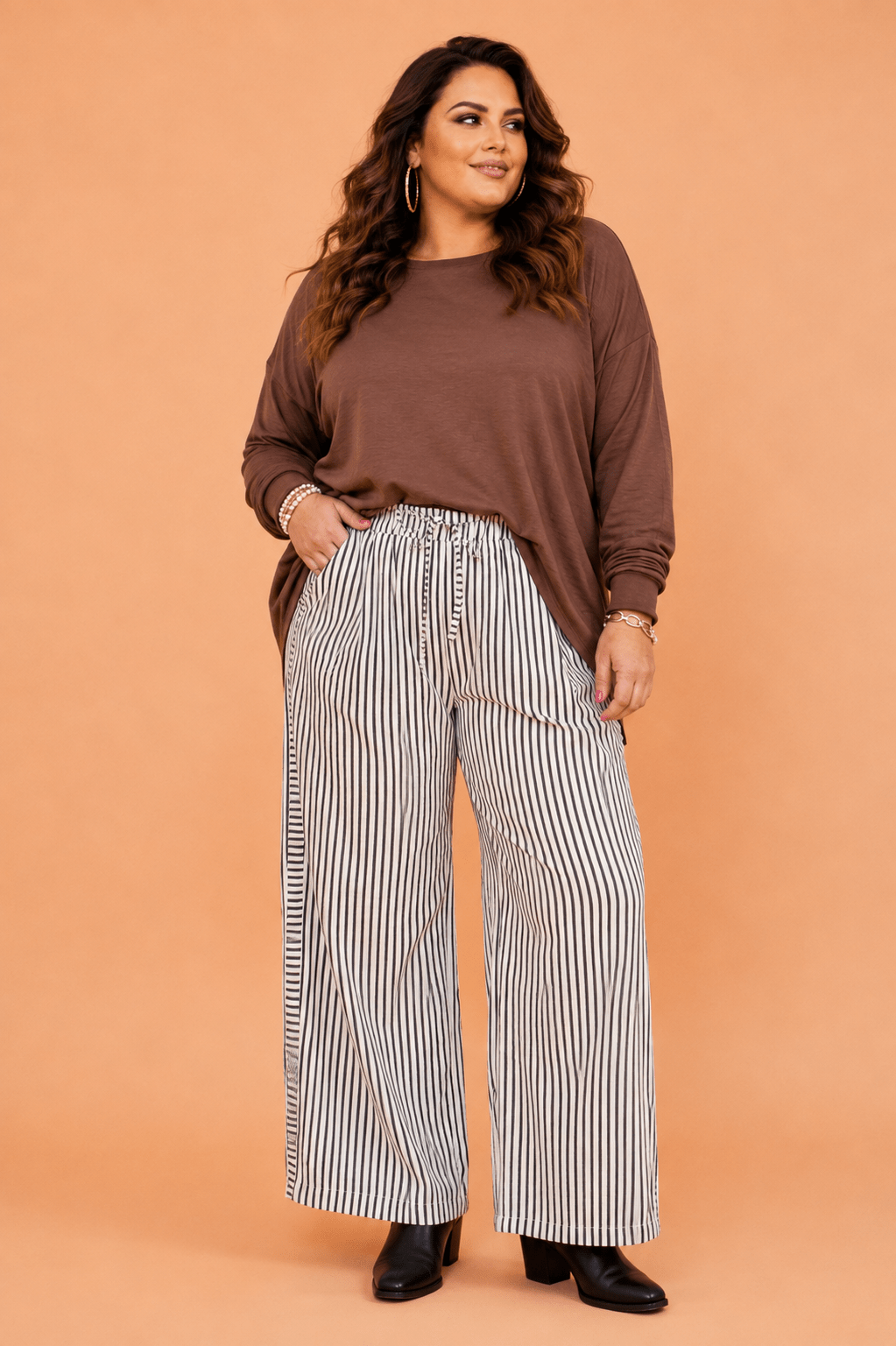 Plus Size Stripe Tie Waist Wide Leg Pants - Rooted & Reckless Co.